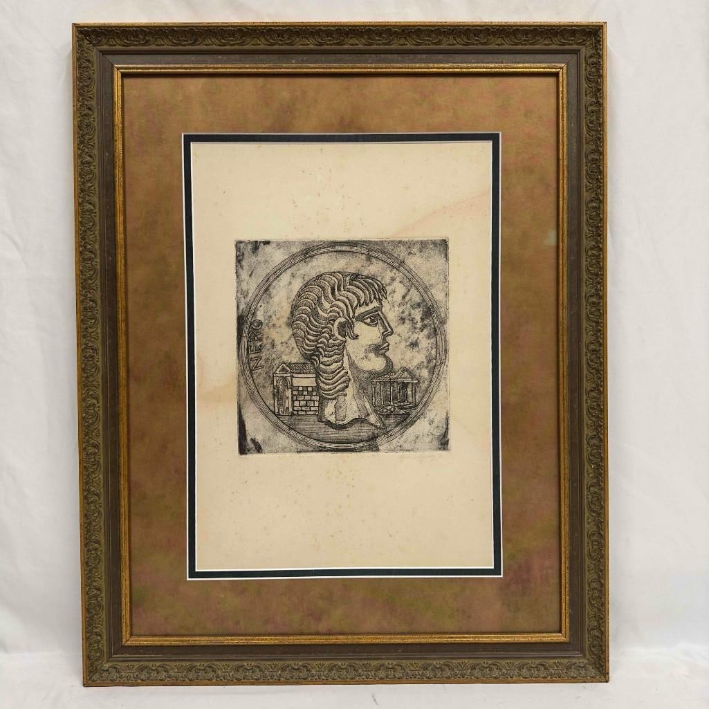 Roman Emperor Nero Framed Art Print Signed Numbered and Dated: Roman Emperor Nero Framed Art Print. This framed art print features a portrait of Emperor Nero. Signed, Kevin '71 and numbered 1/40. The frame is slightly damaged in a few places with a few chips.