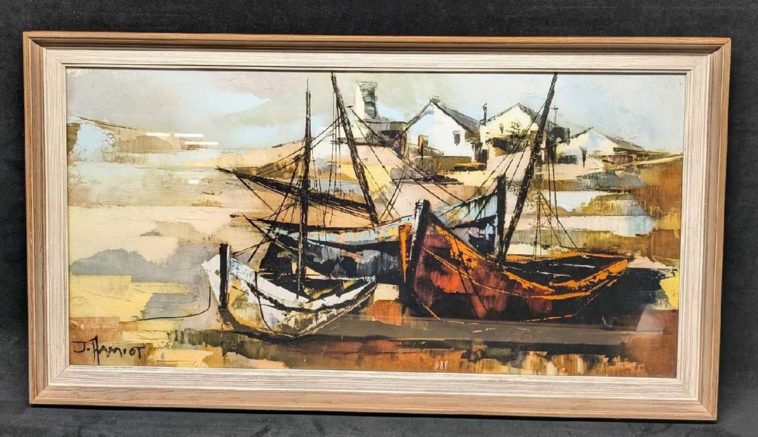 Vintage Framed Jean Amiot Fishing Boats In Harbor: Vintage Framed Jean Amiot Fishing Boats In Harbor. The framed print is approx 29 1/2" x 1" x 16" and it weighs 5.80 lbs. The backing paper has some rips and the tags on the back are heavily worn. Plea