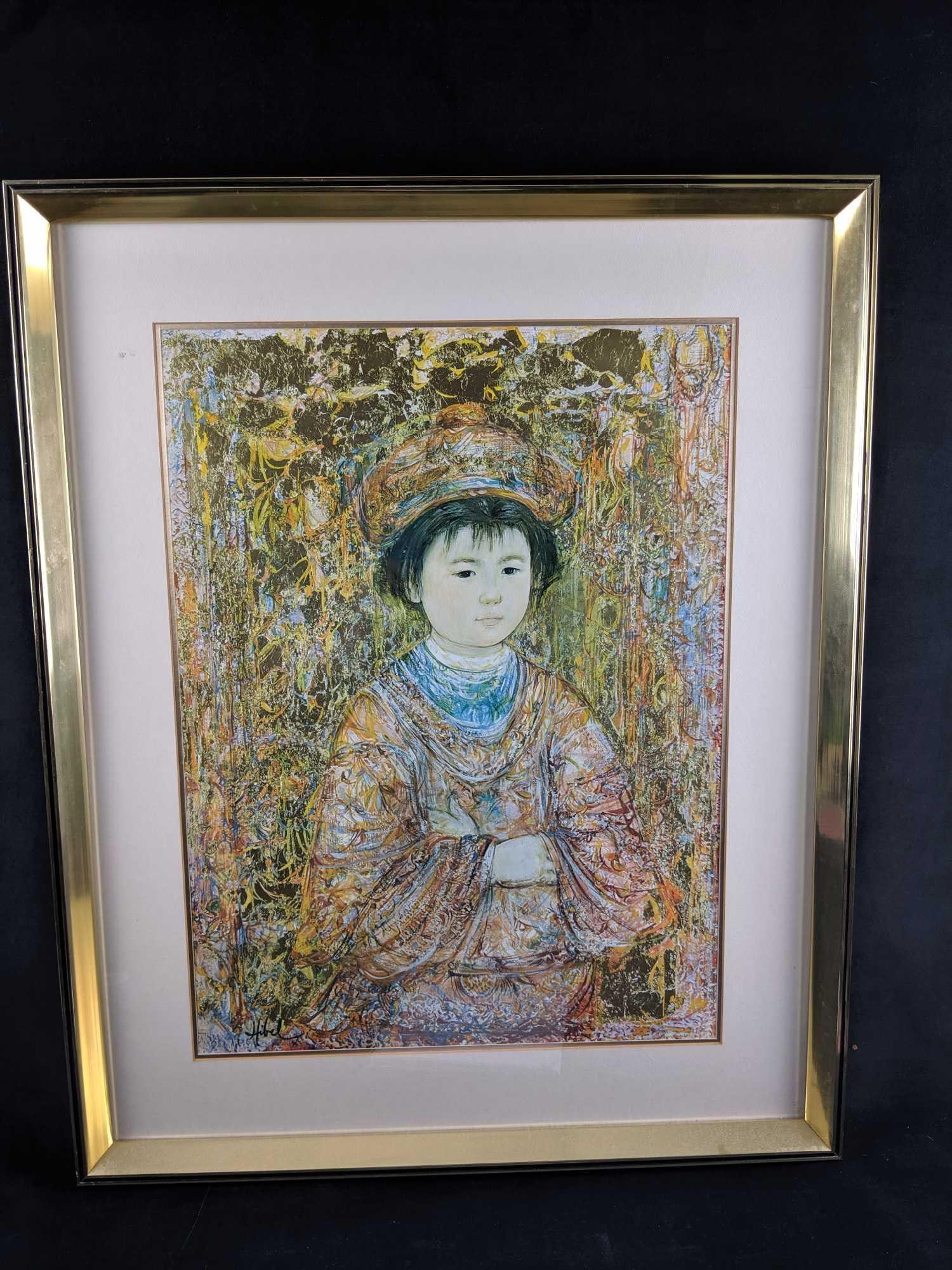 Sold Out Michio by Edna Hibel Exclusive Framed Print Edition of 1000: Sold Out Limited Edition of "Michio" by Edna Hibel. This exclusive print from 1978 comes in an custom, double matted frame approx 25"x32" with an image size of approx 18"x24". Edna Hibel's d