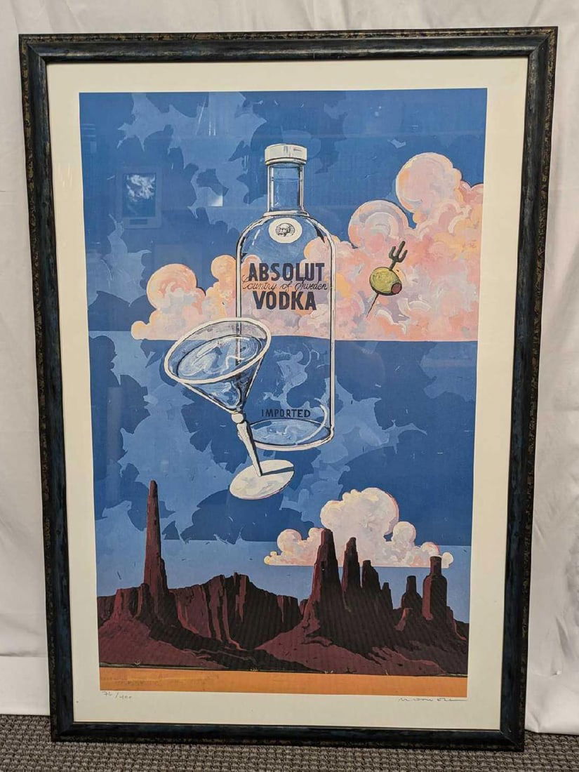 S&N Absolut Statehood: Arizona Mark McDowell Print: S&N Absolut Statehood: Arizona Mark McDowell Print. This lithograph is #76 out of #400. The framed print is approx 28 3/4" x 1" x 41" and it weighs 10.80lbs. Absolut Statehood was on