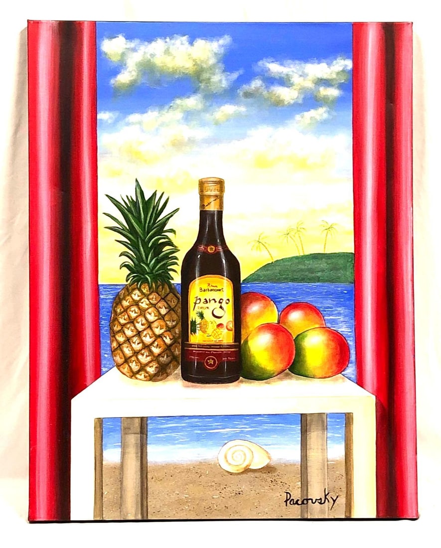 John Pacovsky & Barbancourt Rhum - Commissioned, Signed - Acrylic on Canvas: Barbancourt Rhum Marketing Ad - "Pango - Sunset View" Painting Commissioned by Liquor Branding Executive. Signed Acrylic on Canvas by Artist John Pacovsky. The item measures approximately 28&#