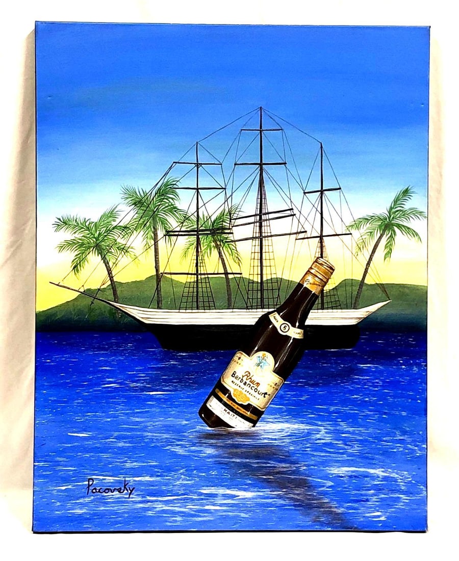 John Pacovsky & Barbancourt Rhum - Commissioned, Signed - Acrylic on Canvas: Barbancourt Rhum Marketing Ad - "Ship" Painting Commissioned by Liquor Branding Executive. Signed Acrylic on Canvas by Artist John Pacovsky. The item measures approximately 28" x 36" x