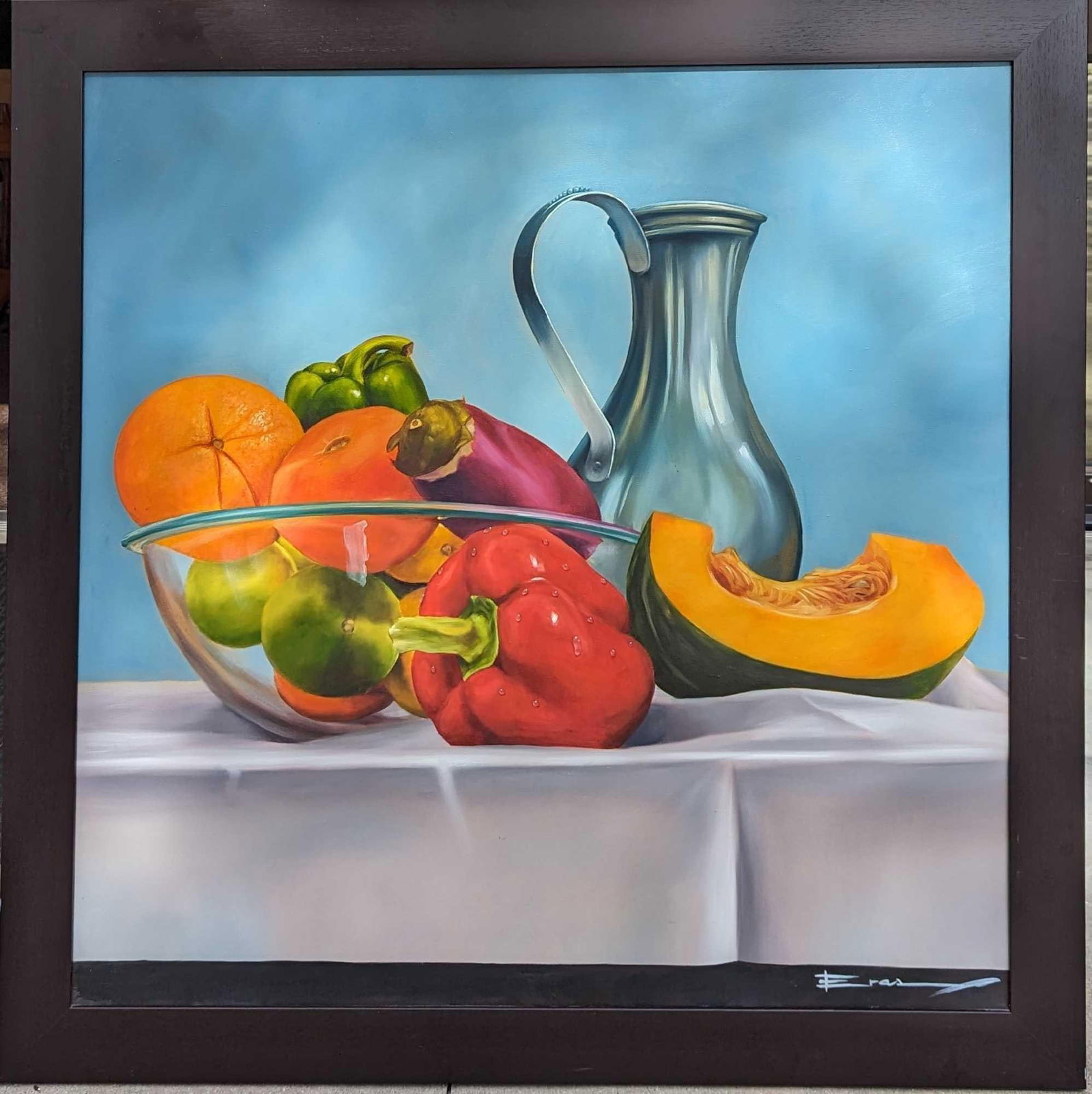 Original Acrylic On Canvas Fruits & Vegetables: Original Acrylic On Canvas Fruits & Vegetables. This is approx 45 5/8" x 1" x 46" and it weighs 12.50 lbs. The original was signed by the artist on the bottom right. We could not find