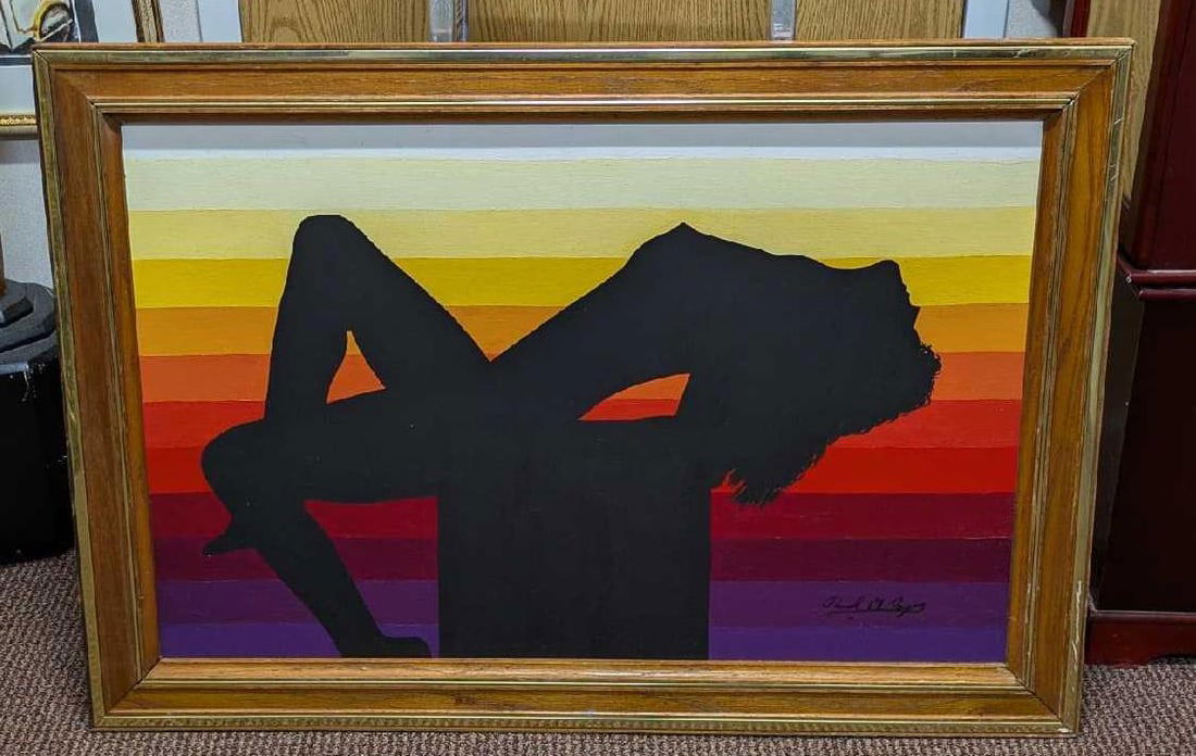 Vintage Framed Nude Woman Silhouette Oil On Canvas By Paul M. Bryer: Vintage Framed Nude Woman Silhouette Oil On Canvas By Paul M. Bryer. This framed original oil is approx 41 1/2" x 1 1/2" x 29" and it weighs 10 lbs. The frame has scratches and chips. There are some m