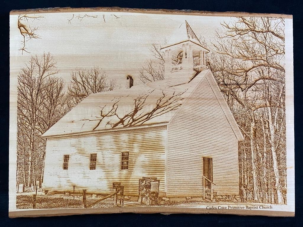 Laser Cut Wood Church Picture: Laser Cut Wood Church Picture Laser cut image of Cade's Cove Primitive Baptist Church. The picture is a solid piece of wood, with natural bark edges on the top and bottom. The image of the old ch
