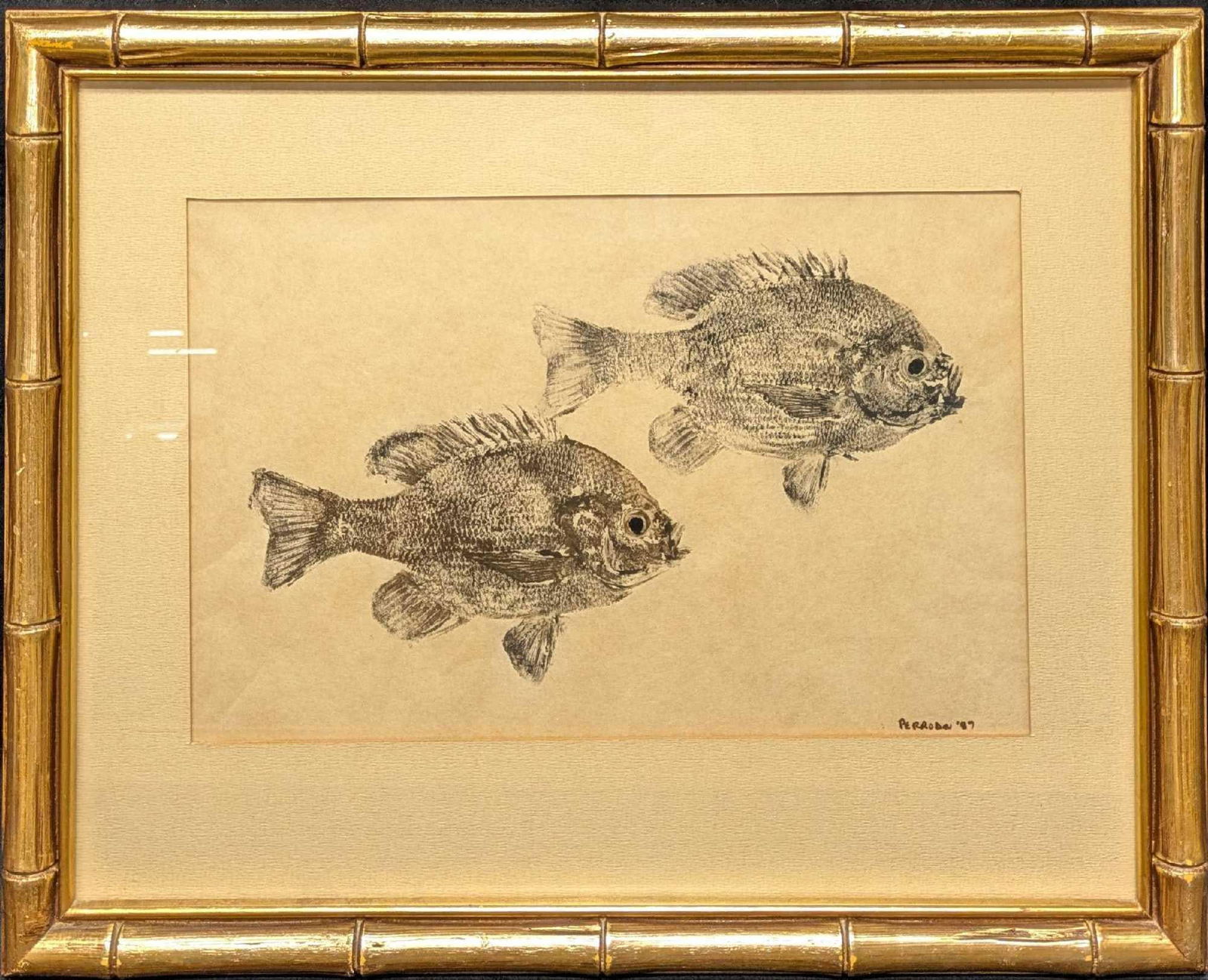 Framed Alex Perrodin Gyotaku Method Fish Rubbing: Framed Alex Perrodin Gyotaku Method Fish Rubbing. Gyotaku is a traditional Japanese art form of printing fish and other sea creatures using ink and paper. The word gyotaku comes from th