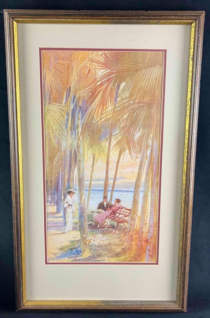 Framed Tropical Beach Art Print: This is a nice print of a watercolor painting. The image shows people on a tropical beach enjoying the shade under some palm trees. The piece is in fair condition with some discoloration on the print.