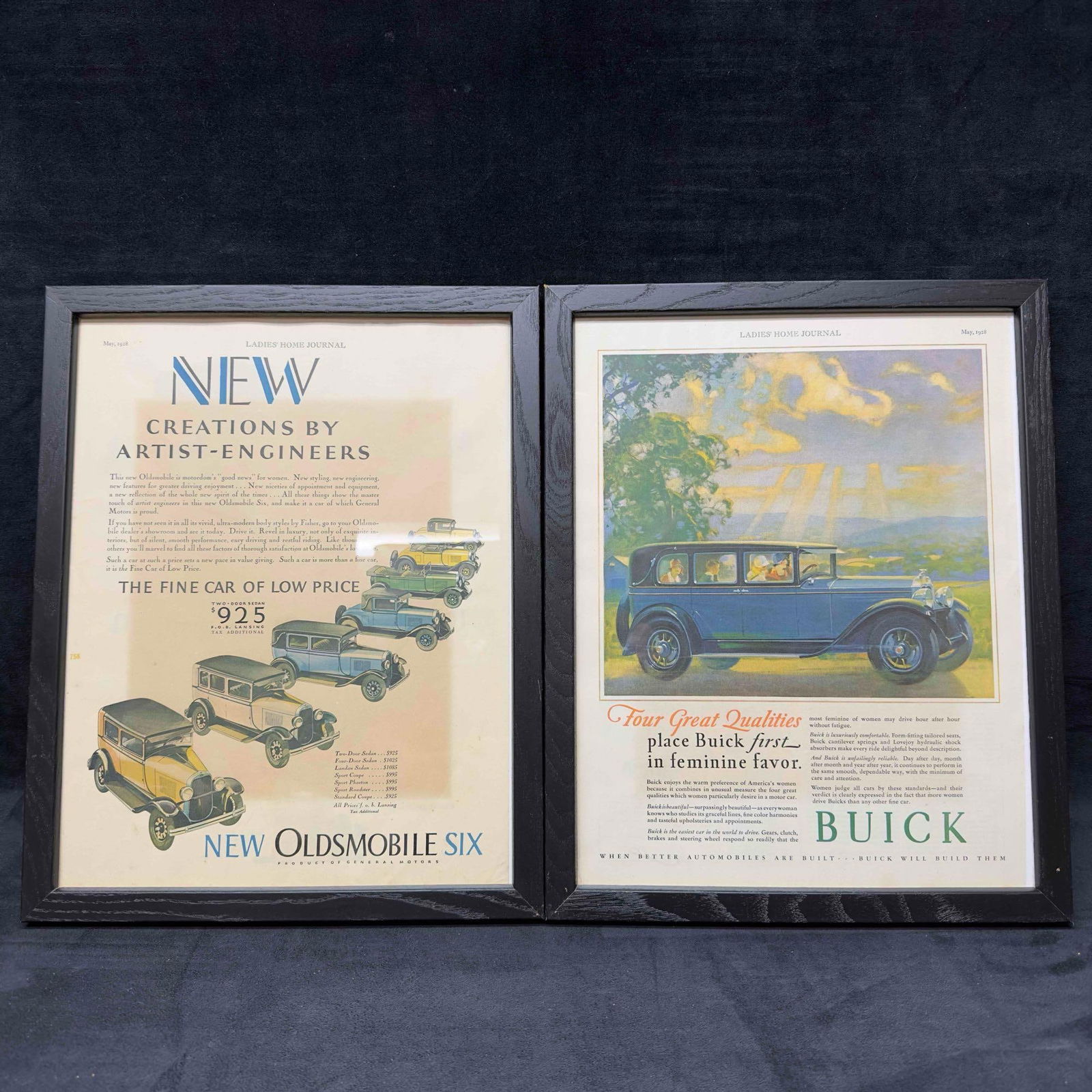 Ladies Home Journal May 1928 Buick and Oldsmobile Car Ad Framed Set: Ladies' Home Journal May 1928 Buick and Oldsmobile Car Ad Framed Set. These framed car ads from Ladies' Home Journal May 1928 feature a Buick and Oldsmobile ad. The ads are in a black frame. T