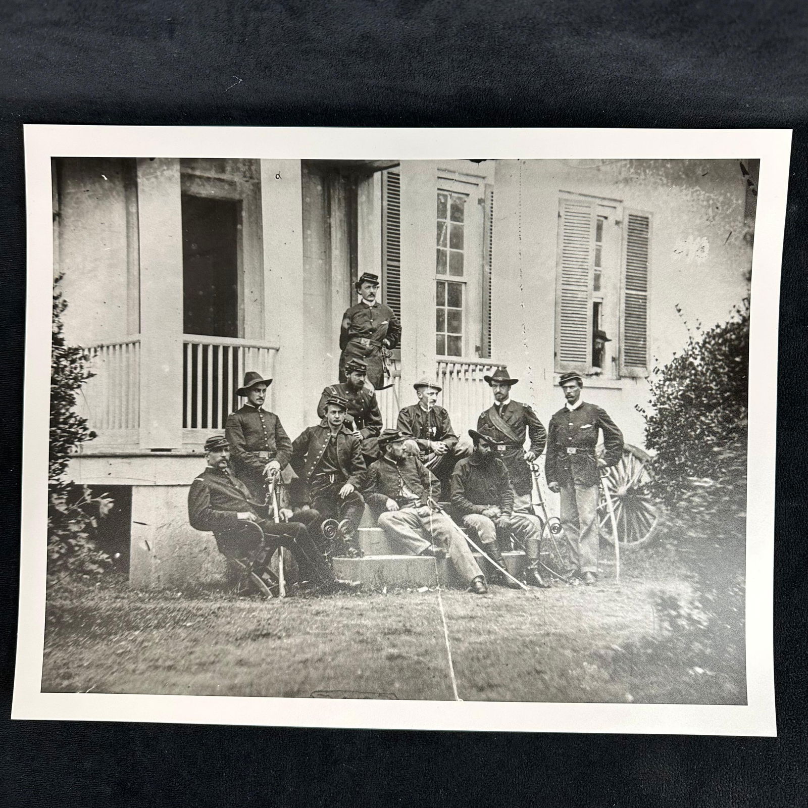 Civil War Officers Group Portrait Analog Photo Print on Pearl Resin Coated Photography Paper: Historic black and white analog photograph print depicting a group of Civil War officers posed on the steps of a residence, likely an encampment or command post. The image shows period Union uniforms,