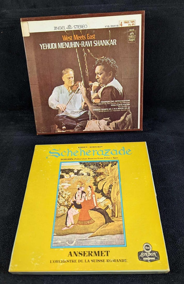 Yehudi Menuhin & Ravi Shankar & Rimsky Korsakov 4 Track Tapes: Yehudi Menuhin & Ravi Shankar & Rimsky Korsakov 4 Track Tapes. This lot includes: (1) West Meets East - Yehudi Menuhin & Ravi Shankar. From Angel. 4 Track Tape. It comes in its original b