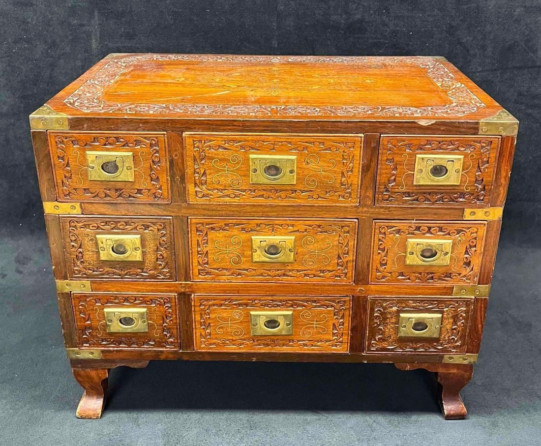 Antique Anglo Indian Military Campaign Wood Carved With Brass Accents Table Tea Chest (1 of 19)