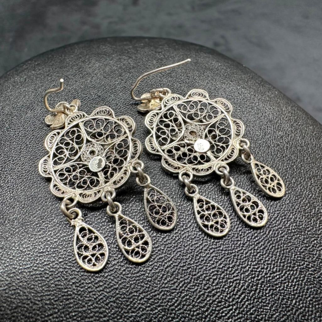 .800 Silver Flower Filigree Dangle Earrings (1 of 2)