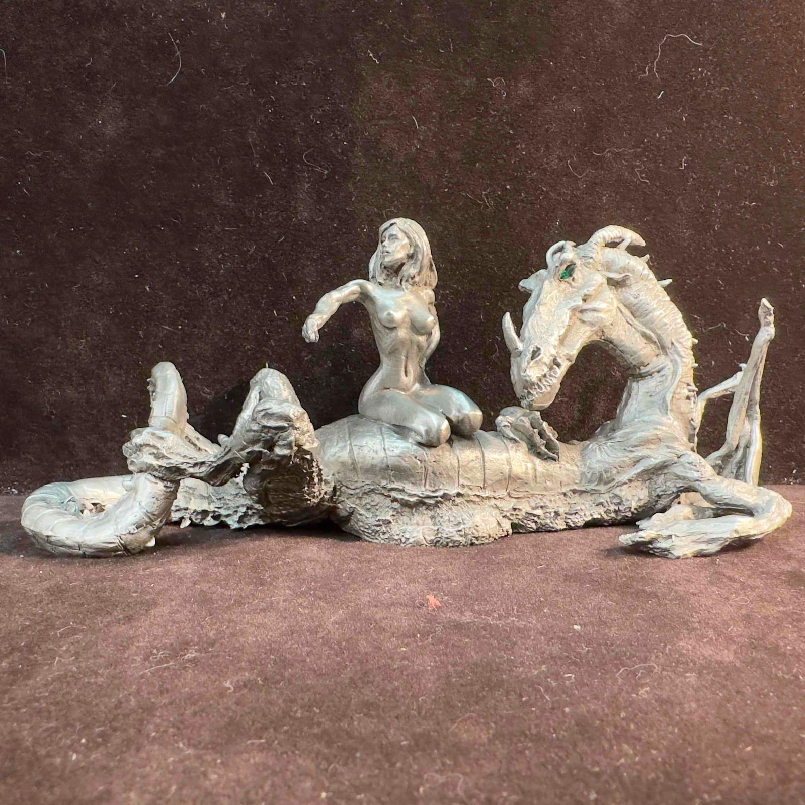 Rawcliffe Pewter Dragon and Bathing Fairy Sculpture Figure 1111073: Rawcliffe Pewter Dragon and Bathing Fairy Sculpture Figure 1111073. Rawcliffe identifying markings etched on the bottom. 2001 made in the USA. Original tag still intact. This item is in good pre-owned