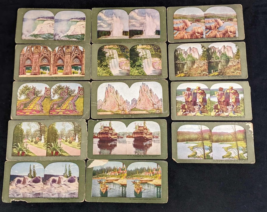 14 Vintage Stereoscopic Photos Beauty Of Nature: 14 Vintage Stereoscopic Photos Beauty Of Nature. Each card is approx 7" x 3 1/2" and together they weigh under one pound at 0.27lb. The photos are in a good, vintage conditon with some wear and rips.