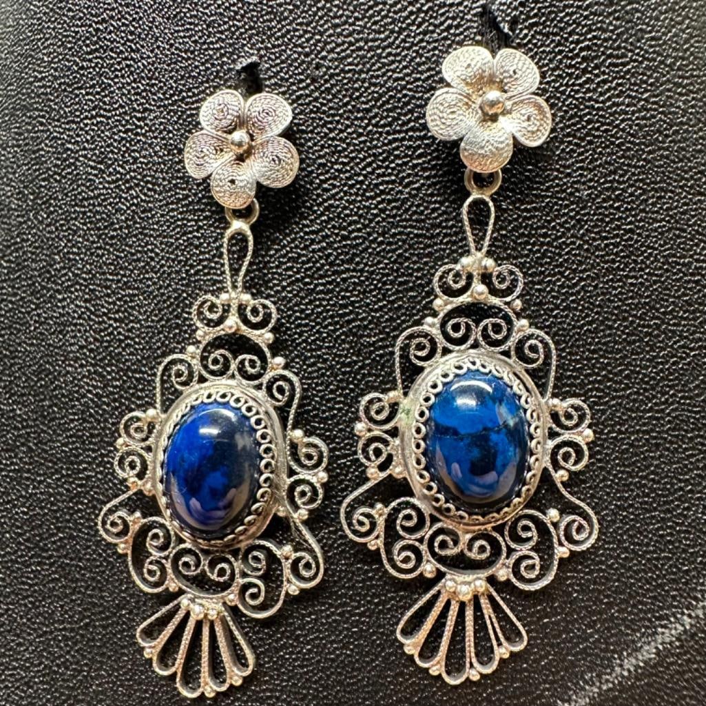 .800 Silver Deco Style Blue Cabochon Earrings: This piece of jewelry has been tested and researched prior to listing. Please view all our pictures they are part of our description. DETAILS: Metal - .800 Silver Color - Silver Stones - u/k Hallmark