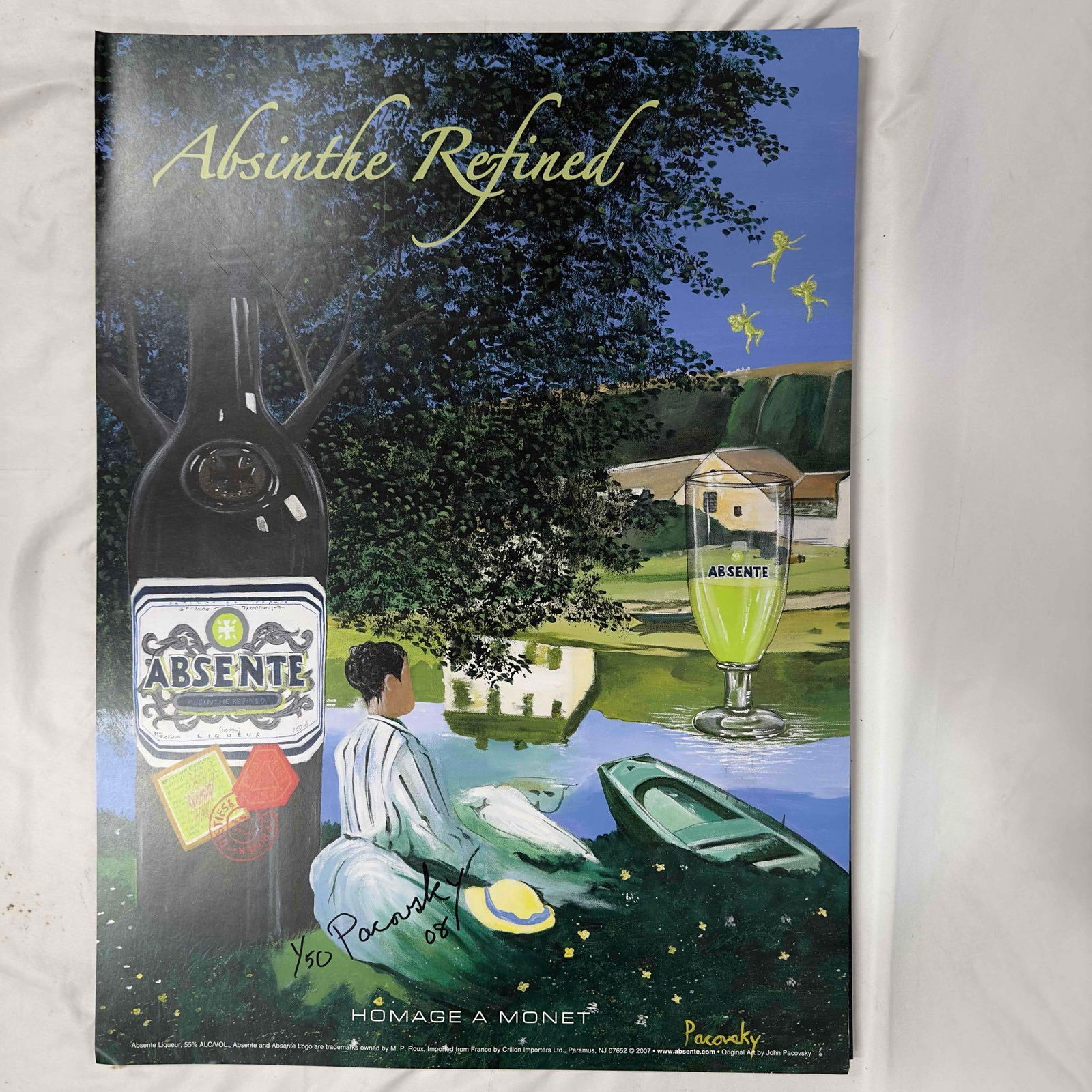 Absinthe Ad Poster Homage A Monet By John Pacovsky Hand Signed Numbered Collection: Absinthe Ad Poster Homage A Monet By John Pacovsky Hand Signed Numbered Collection. A few posters missing from numerical set of 50 but more than 40 included. This entire collection includes hand signe