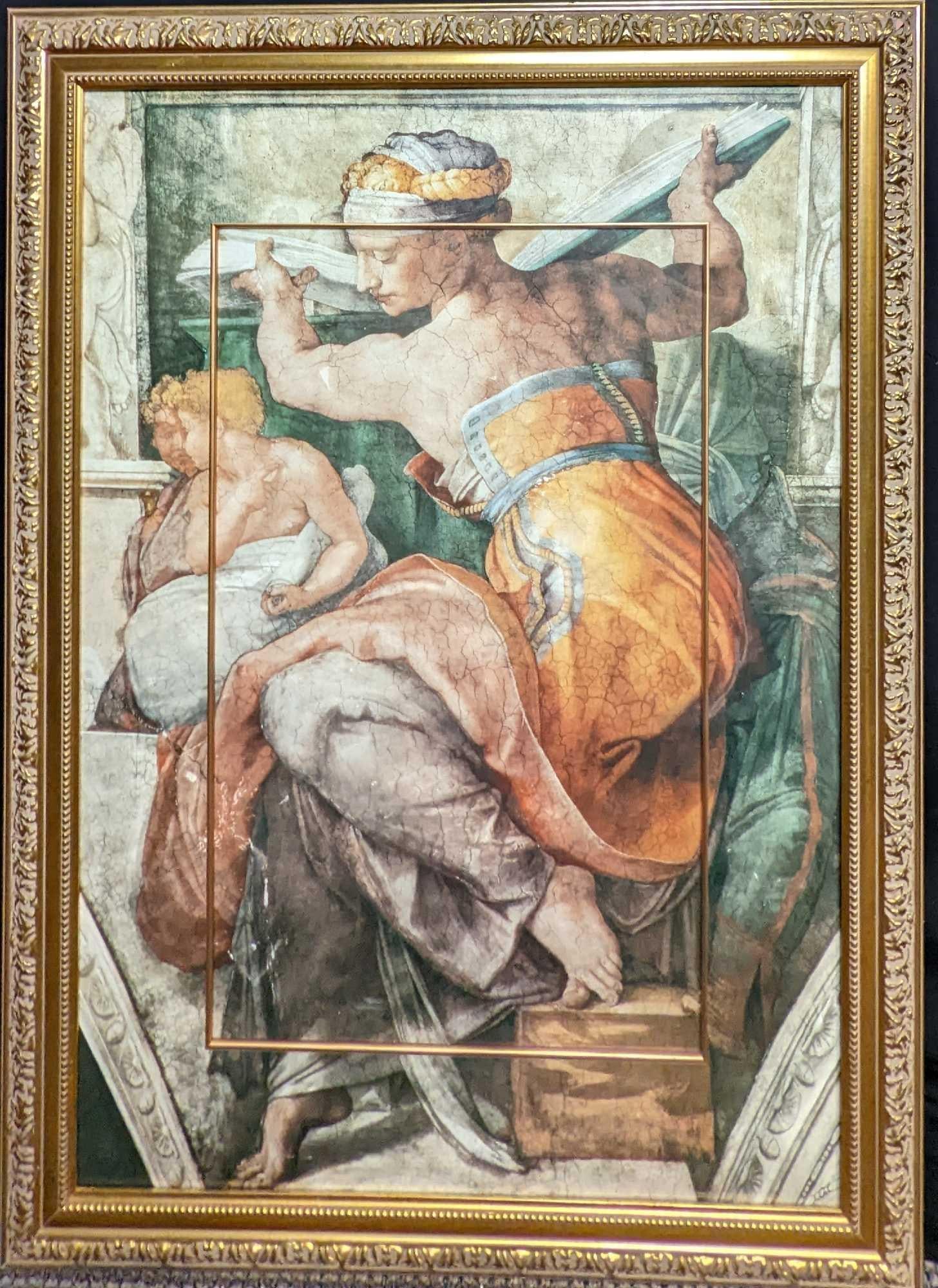 Large Framed Michelangelo Libyan Sibyl Print: Large Framed Michelangelo Libyan Sibyl Print. This framed print shares its image on the matting/border. The framed print is approx 31" x 1 1/2" x 41' and it weighs 15.50lbs. The print is a