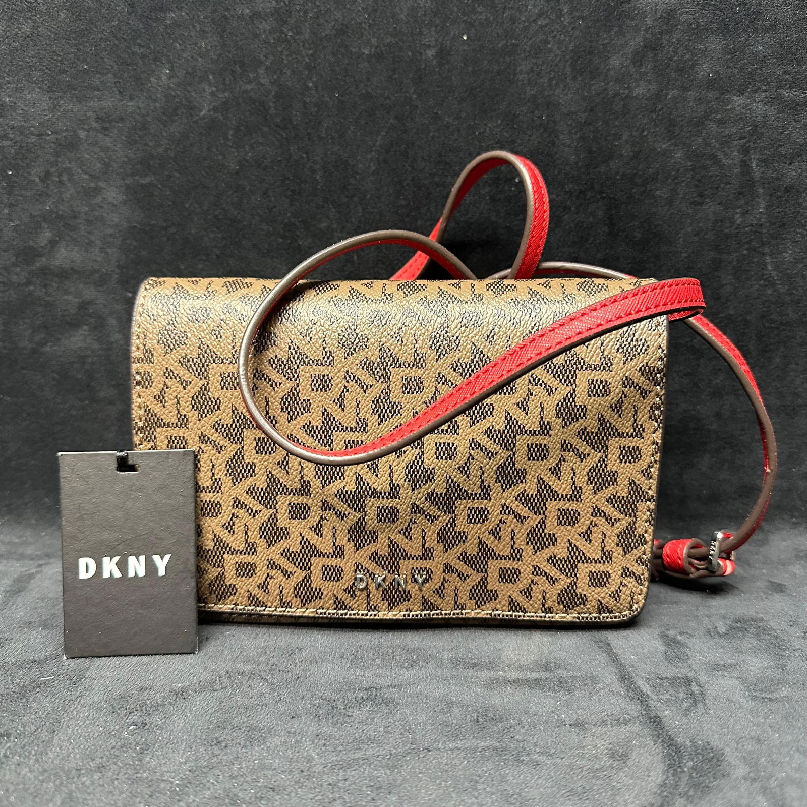 DKNY Donna Karan New York Monogram Crossbody Bag with Red Leather Trim (1 of 6)