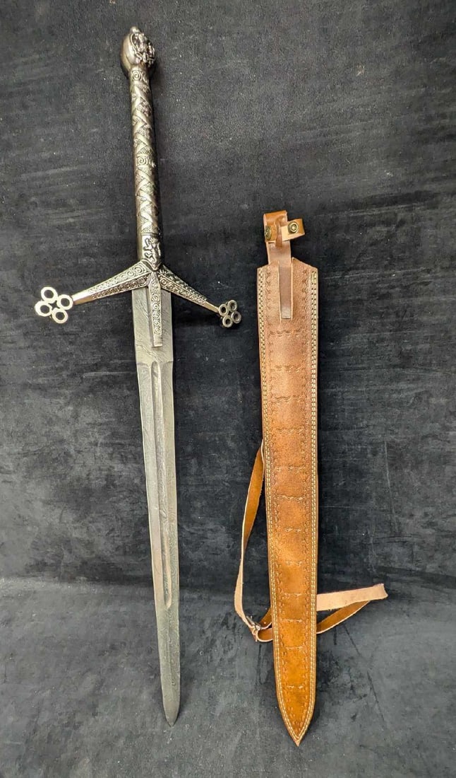 MHS Cutlery Fantasy Steel Sword With Leather Scabbard F: MHS Cutlery Fantasy Steel Sword With Leather Scabbard E. This is approx 10 7/8" x 2 x 38 1/8" and it weighs 4lbs. Has an Damascus printed design over the steel.Please see the images as they are part o