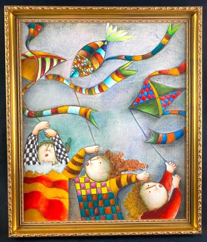 J. Roybal Kids Flying Kites Print On Canvas: J. Roybal Kids Flying Kites Print On Canvas High quality textured giclee print on canvas by J. Roybal, showing kids flying kites. Roybal's paintings are greatly inspired by the artist Graciela Bo