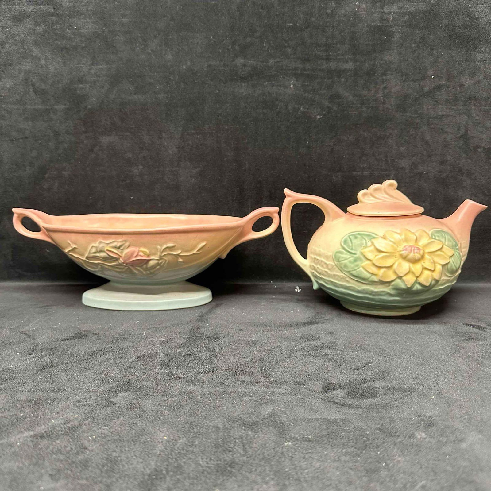 Hull Art Bowl Center Piece and Teapot Magnolia Crafts Pottery Arts Set: Hull Art Bowl Center Piece and Teapot Magnolia Crafts Pottery Arts Set. Hull Art pottery Magnolia line featuring soft pink and green color scheme with floral design. Light crazing and cracks inside a