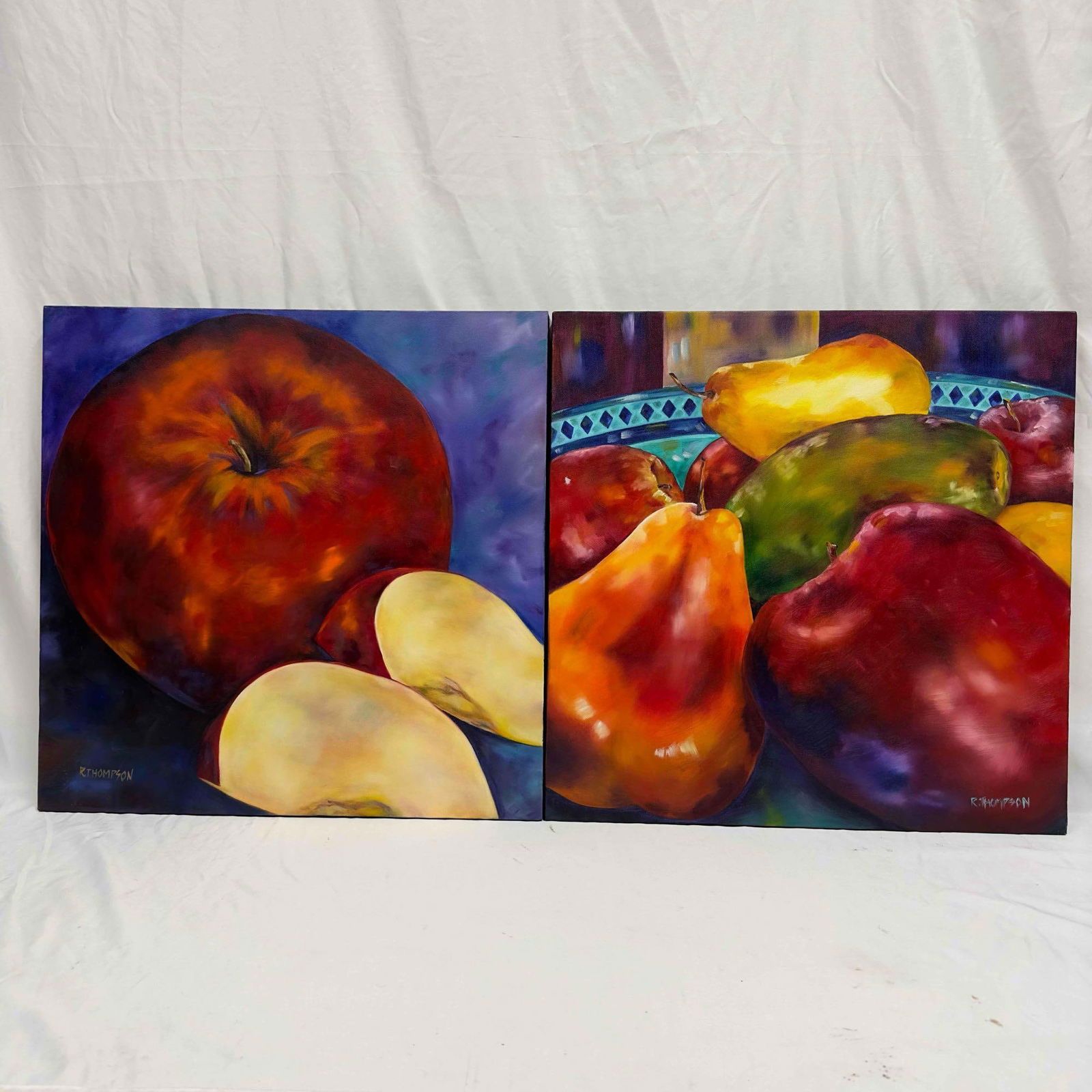 No Need To Ask Fruit Bowl and Red Apple Rachel Thompson Oil On Canvas Set: No Need To Ask Fruit Bowl and Red Apple Rachel Thompson Oil On Canvas Set. Set of oil on canvas art by Rachel Thompson featuring fruit. Each canvas comes with a COA letter and envelope. Rachel Thompso