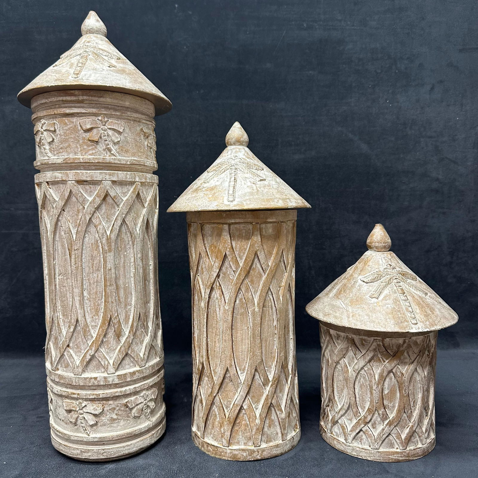 Three Carved Wood Resin Canisters with Lids Dragonfly Motif Graduated Sizes (1 of 5)