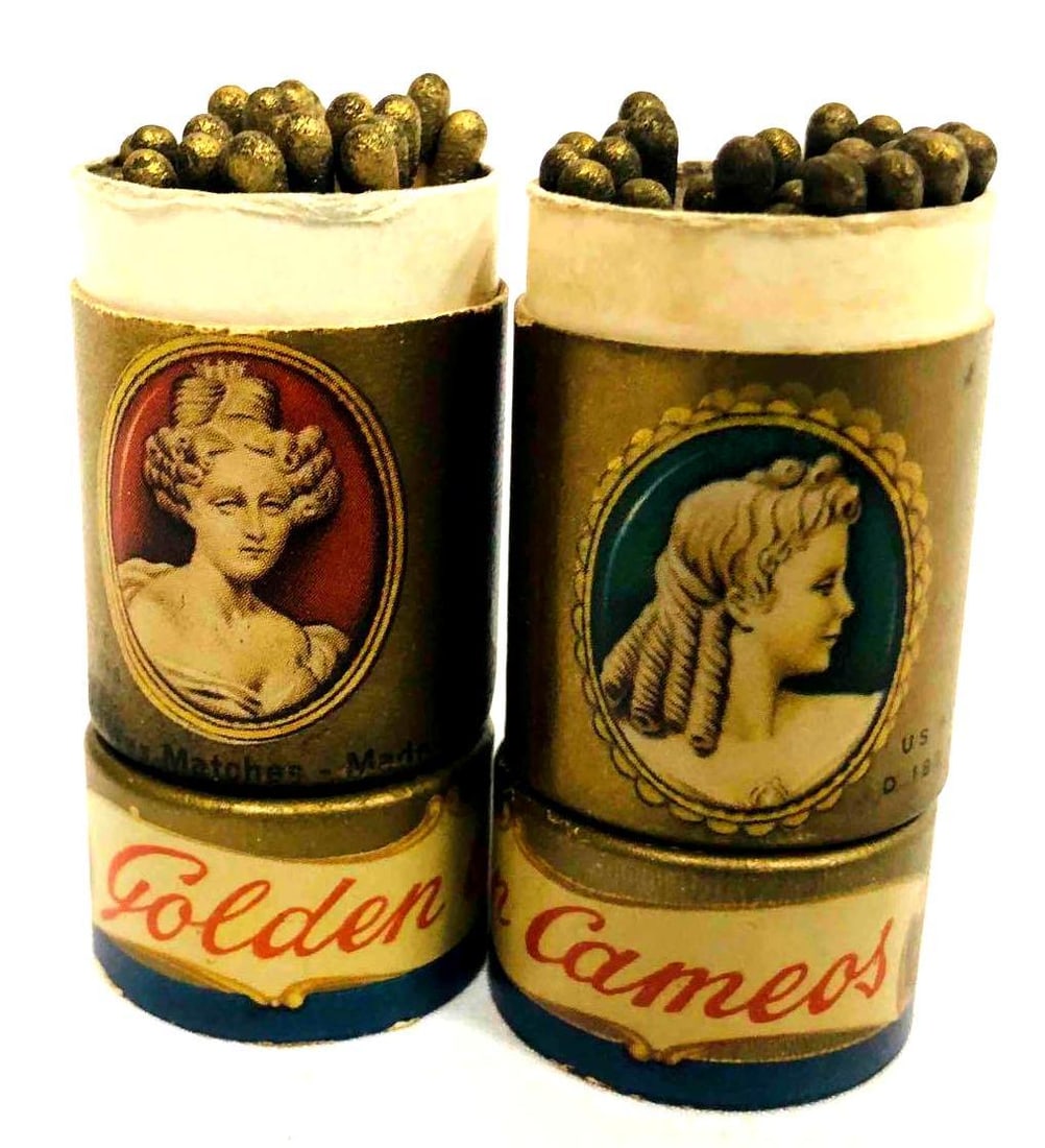 Vintage Golden Cameo Matches: This lot contains Vintage Golden Cameo Matches. Each Match set is approx 1" x 1" x 1 3/4" and together they weigh about 0.02lbs. Overall the Matches is in good used condition with some light wear