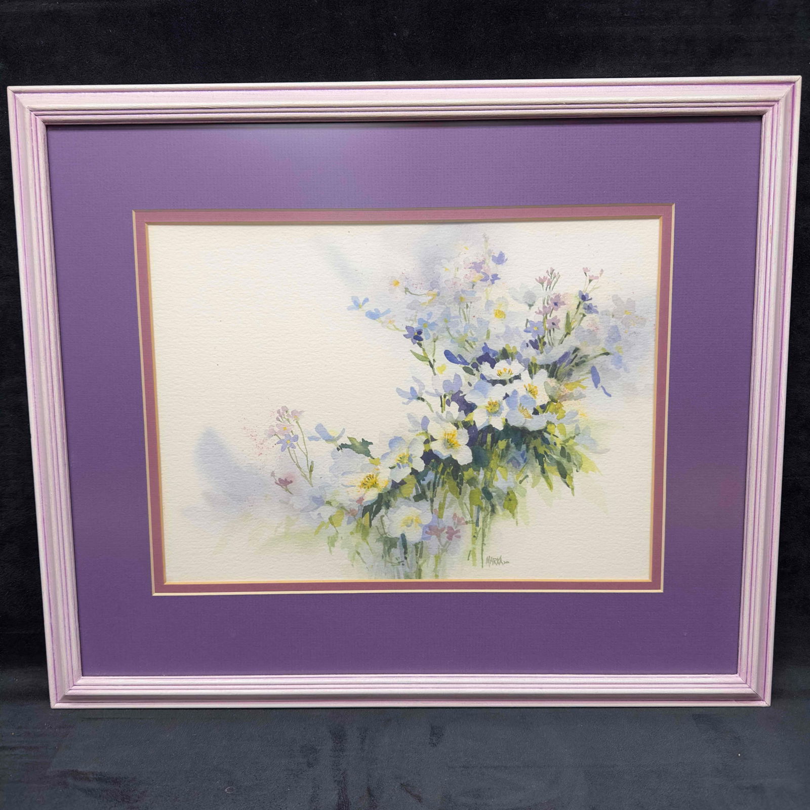 Marka Kroeger White Jasmine Watercolor Painting Purple Frame Framed Art Artwork: Marka Kroeger White Jasmine Watercolor Painting Purple Frame Framed Art Artwork. This framed artwork by Marka features flowers matted with a purple painted frame. Includes small tears on the backing p