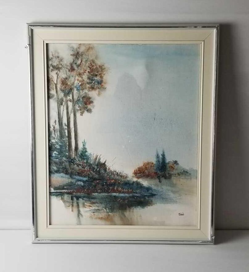 Landscape Water Original Mixed Media Painting Signed Schub: Landscape painting by Christine Schub, signed "Schub" in the lower right hand corner. Date is unknown. Painting is mixed media with oil and acrylic that has a water color effect. Up close there is a c