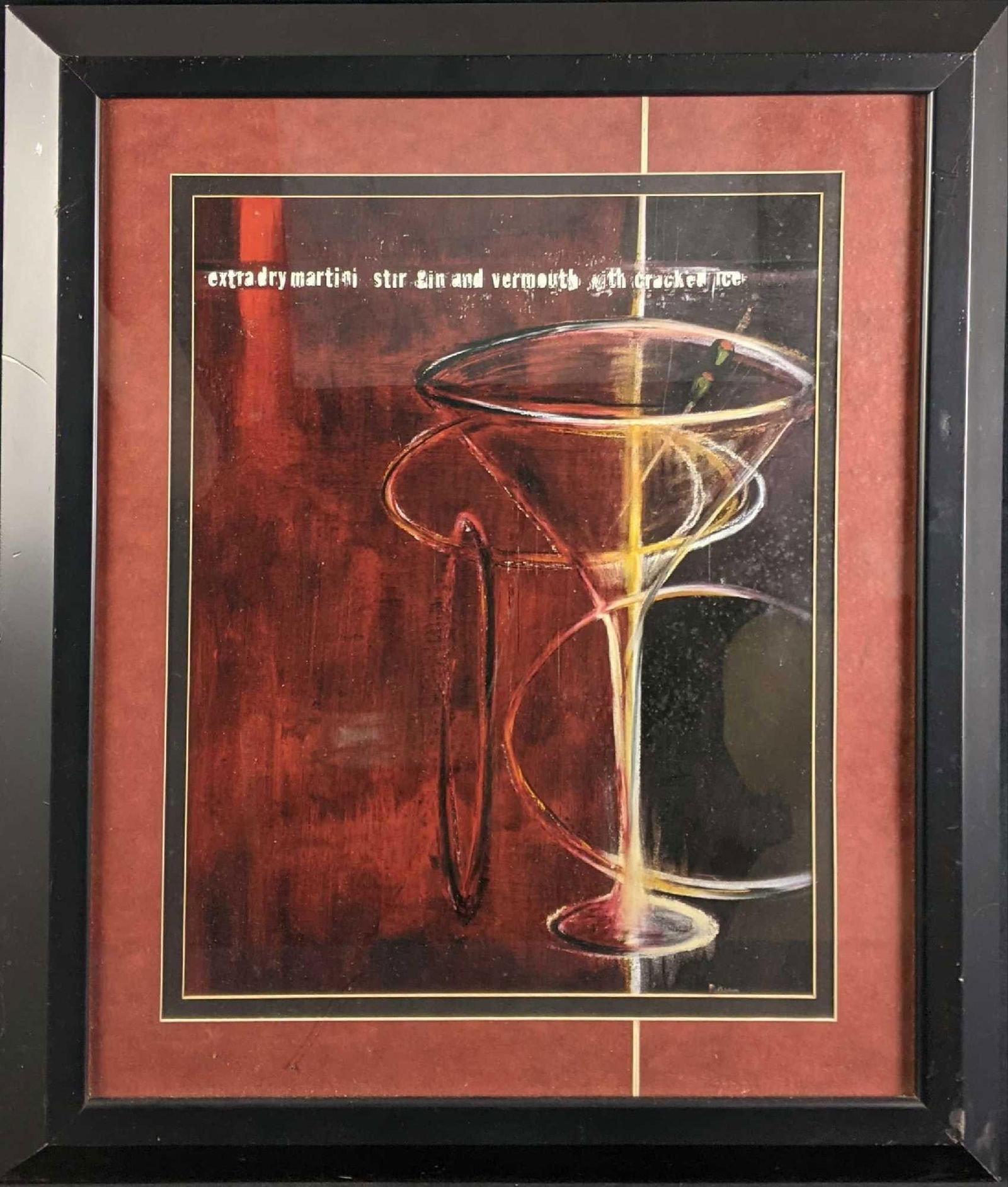 Framed Martini Art Poster Decor: Framed Martini Art Poster Decor This framed poster is great decor for any space. This is in good condition with only some small scratches on the frame. This frame has a hanging wire for easy installat
