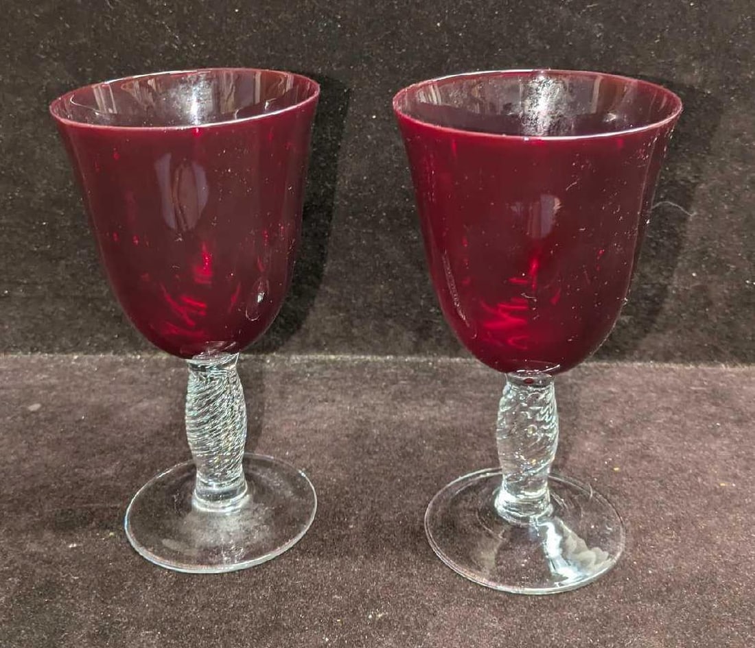 2 Vintage Ruby Red Twisted Stem Water Goblets - 5