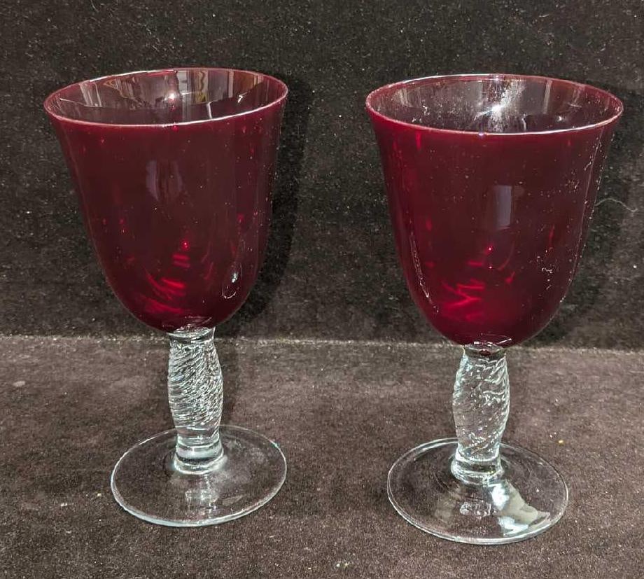 2 Vintage Ruby Red Twisted Stem Water Goblets - 6