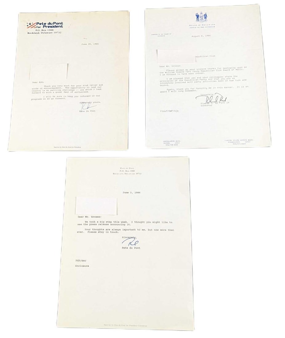 3 Governor Pete/Pierre Du Pont Signed Letters: This listing consists of three letters that were signed by the former governor of Delaware, Pete (or Pierre) Du Pont. There are typed letters using the stationary of The State Of Delaware Governor, wh