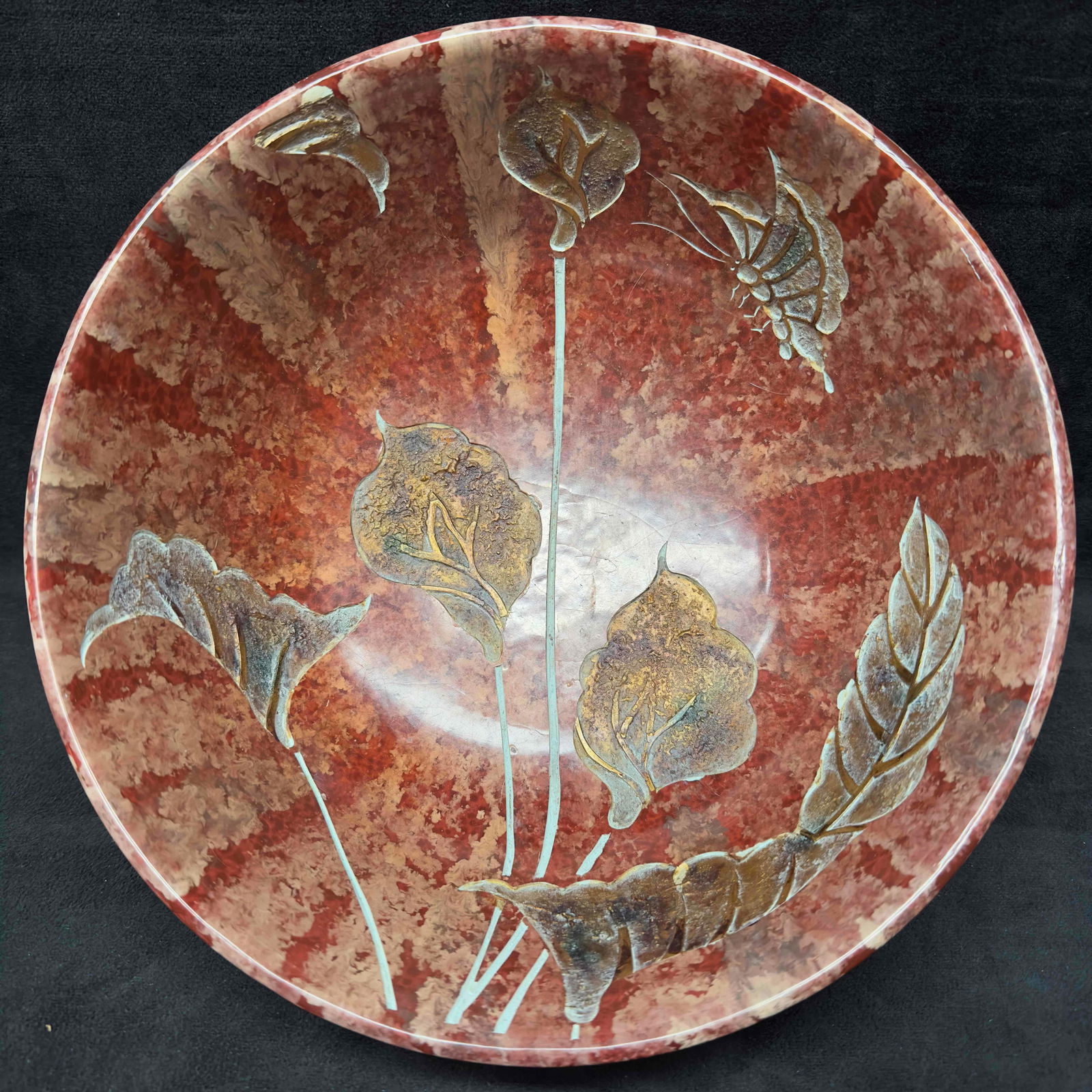 Red Marble Design Floral Flowers Butterfly Etched Hand Painted Porcelain Bowl: Red Marble Design Floral Flowers Butterfly Etched Hand Painted Porcelain Bowl. This decorative bowl showcases a beautiful red marble design and a etched floral and butterfly design throughout. This it