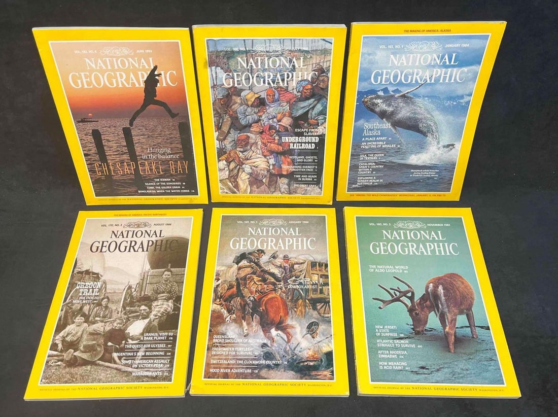 6 National Geographic Magazines: This lot contains 6 National Geographic Magazines. (1) November 1981 -The Natural World Of Aldo Leopold (1) January 1984 - Southeast Alaska. (1) July 1984 - Underground Railroad.