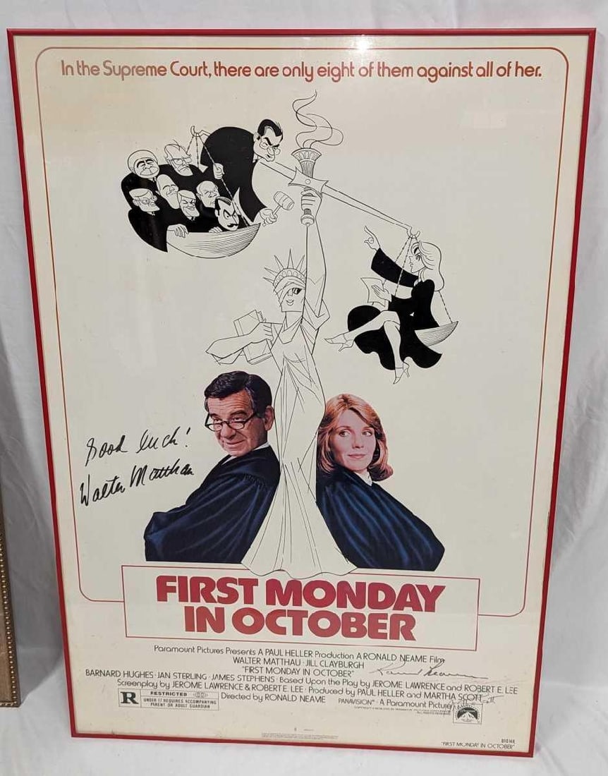 Walter Matthau Autographed First Monday In October Poster: Walter Matthau Autographed First Monday In October Poster. The framed poster is approx 27 1/4" x 3/4" x 40 1/4" and it weighs 11.90lbs. There is some dust between the poster and glass and