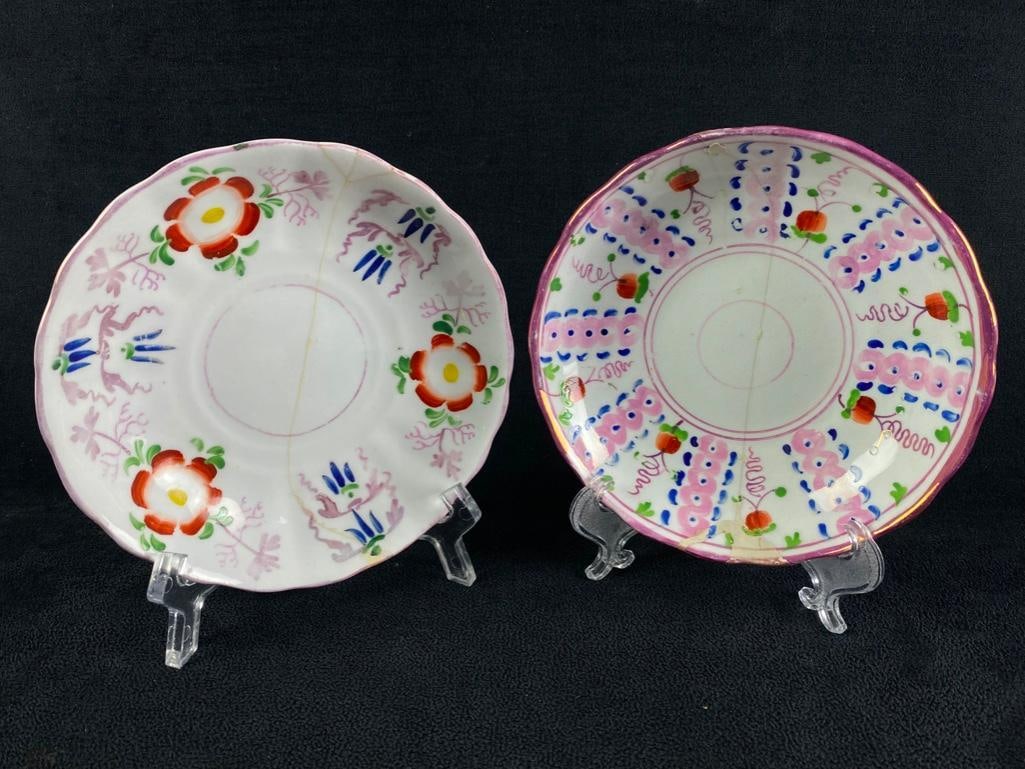 Pair of Antique Pink Lustreware Small Plates: Pair of Antique Pink Lustreware Small Plates Pink Lustreware porcelain plates from the early-mid 1800s, made in England. These porcelain sets with the trademark pink pearlescent designs were popular