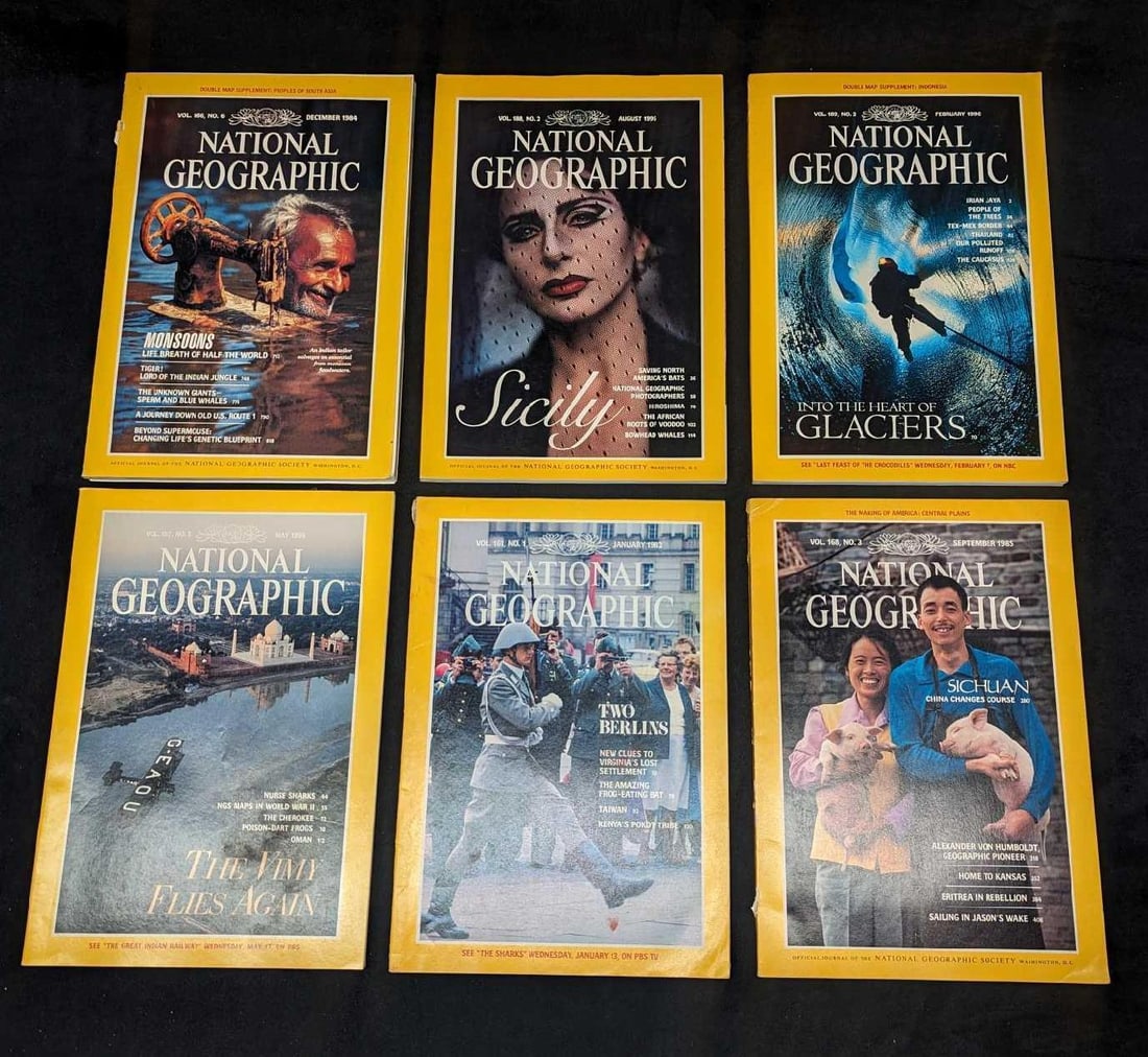 6 1980s 1990s National Geographic Magazines NGK: 6 1980s 1990s National Geographic Magazines NGK. This lot includes: (1) August 1995 - Sicily. (1) February 1996 - Into The Heart Of Glaciers. (1) December 1984 - Monsoons - Life Breath