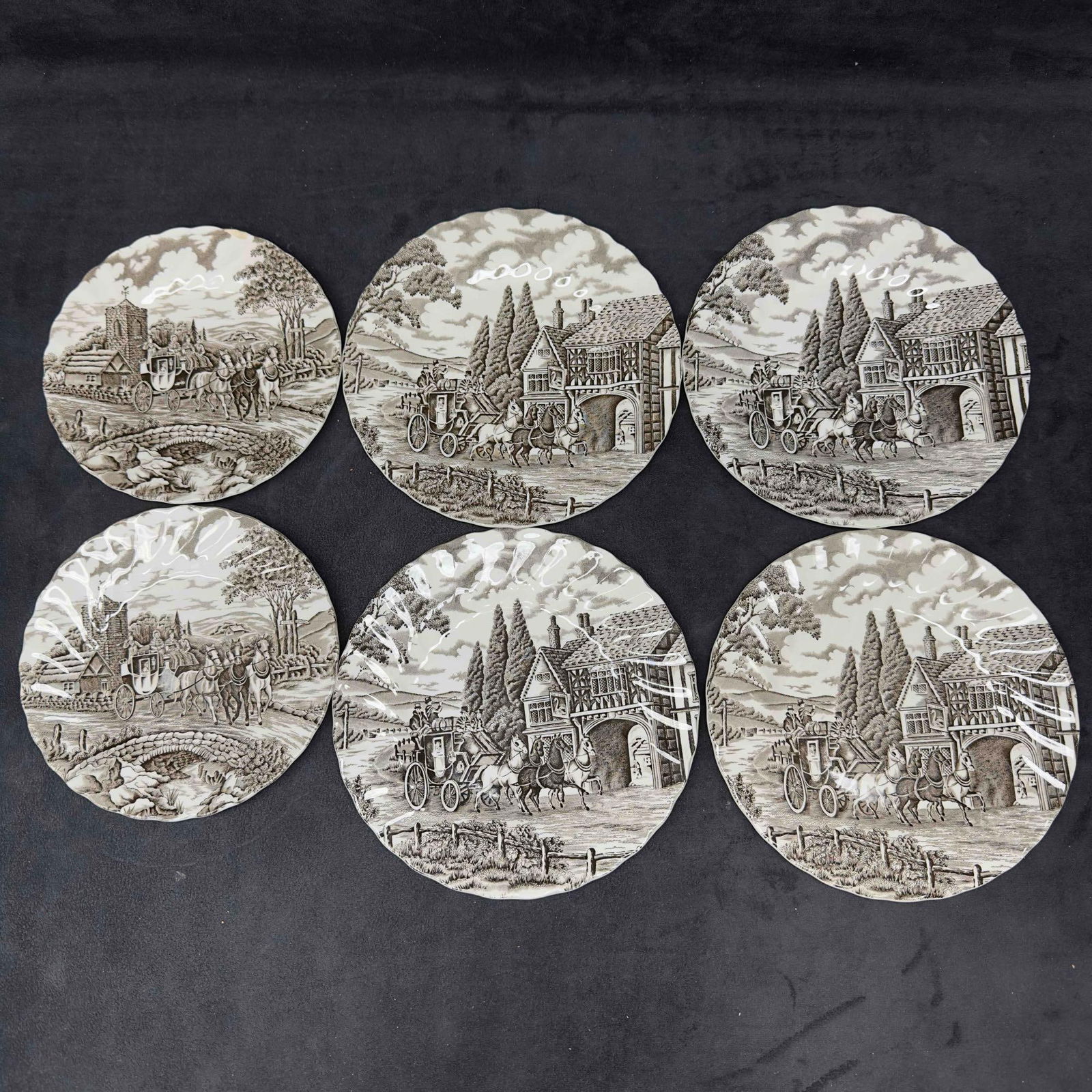 Myott Royal Mail Staffordshire Ware Fine Engraving Plate Set Six 6: Myott Royal Mail Staffordshire Ware Fine Engraving Plate Set Six 6. Light wear and markings on the bottom of each plate. Two small plates and four medium plates. These items are in pre-owned,