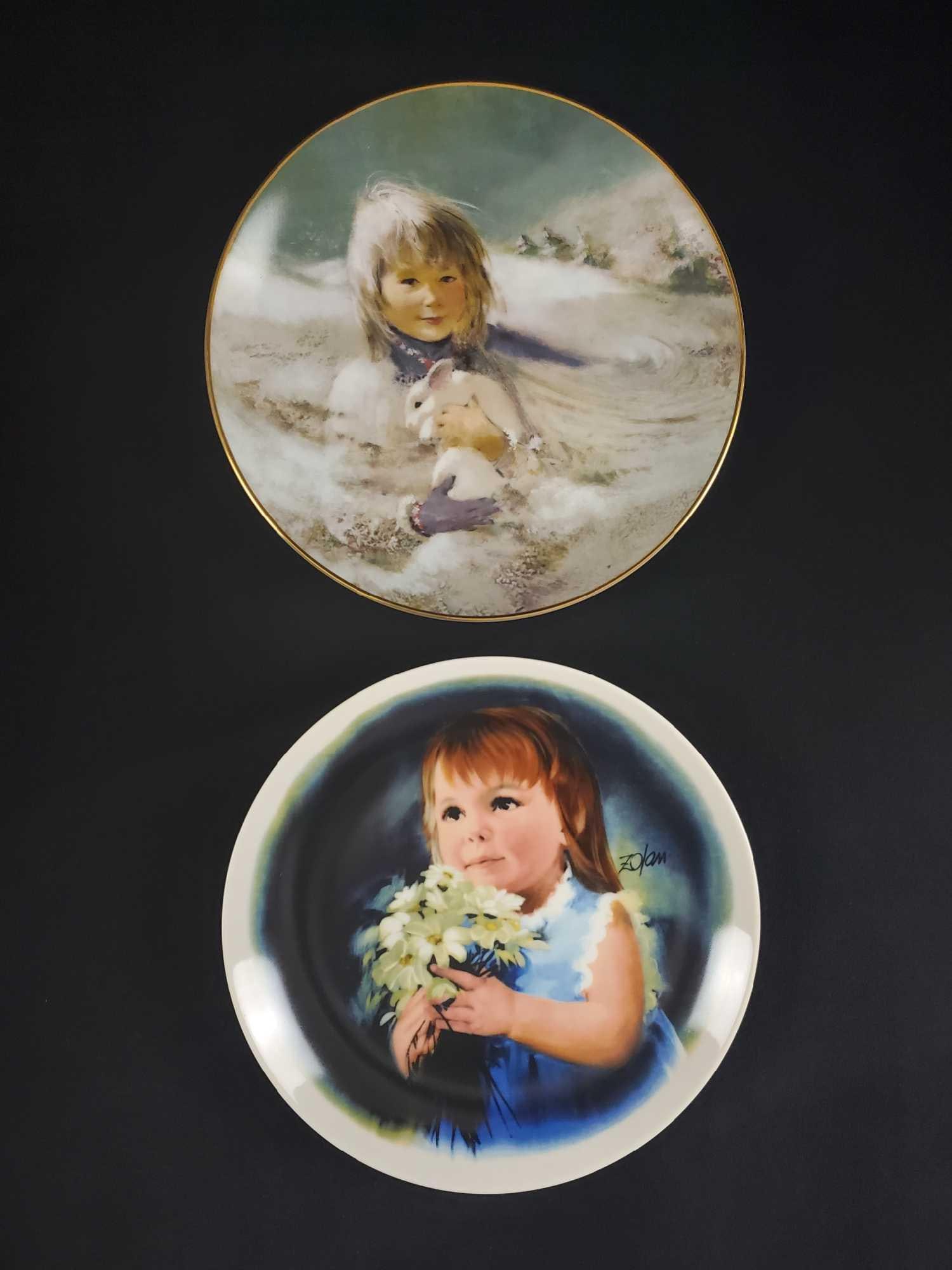 Snow Bunny and For You Decorative Plates by Viletta China & Pemberton: (1) Snow Bunny. Original painting by American artist Thorton Utz. 1980. Third issue in the precious moments collection. Signed and numbered. Plate number 4560A. Measures 8 1/2". In very good unuse
