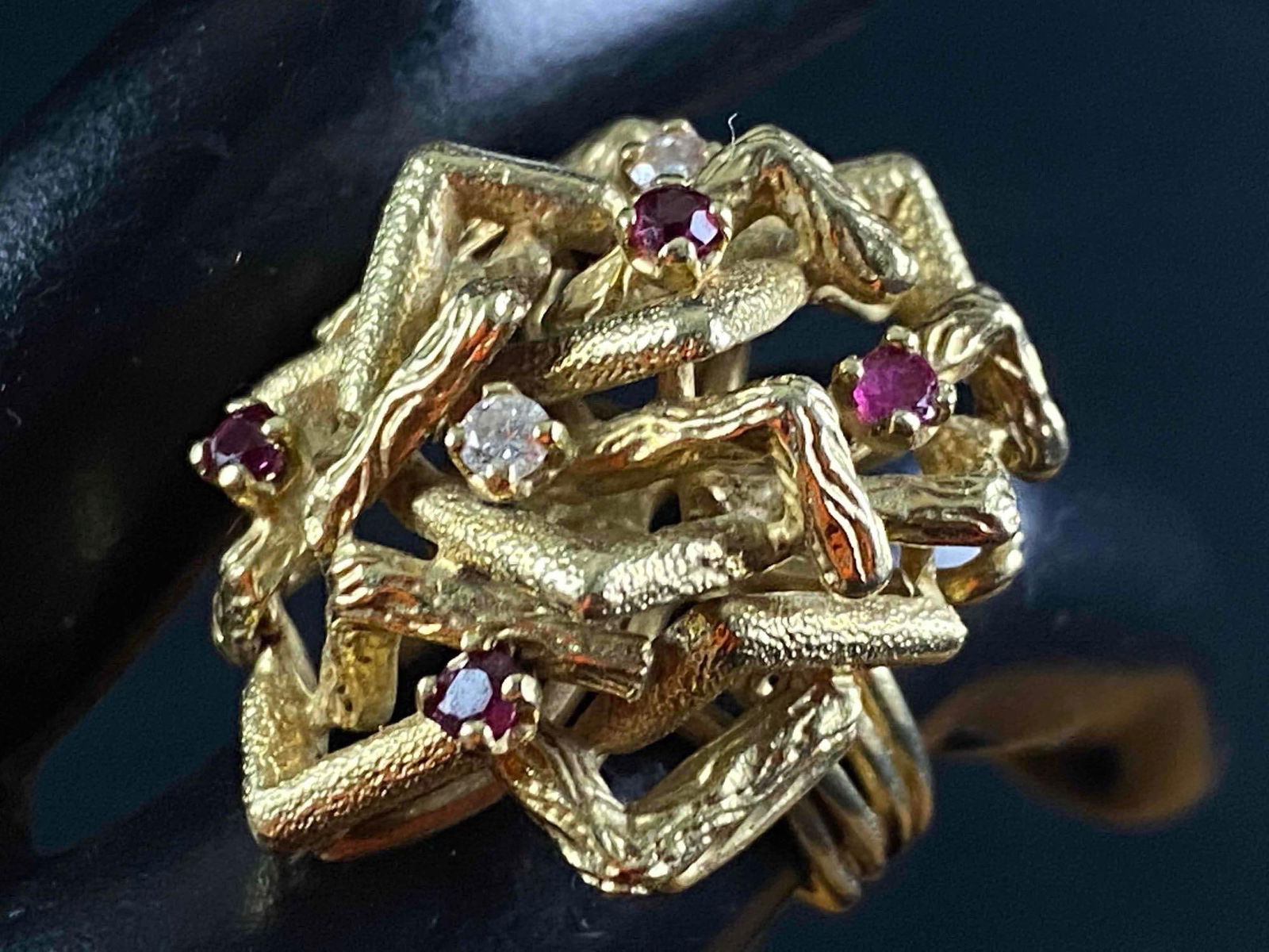 Vintage Art Deco Bamboo Style 14K Gold Diamond / Ruby Statement Ring: This fine piece has been researched and tested prior to listing.Please view all our pictures prior to bidding they are part of our description. Details: Metal - 14K Gold Co