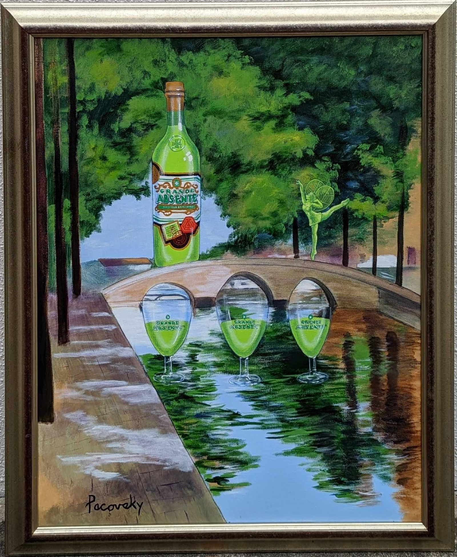 John Pacovsky Acrylic On Canvas Absente Absinthe: John Pacovsky Acrylic On Canvas Absente Absinthe. This was inspired by William Merrit Chase's "Reflections.". The framed original that was Commissioned by Absente brand absinthe, is