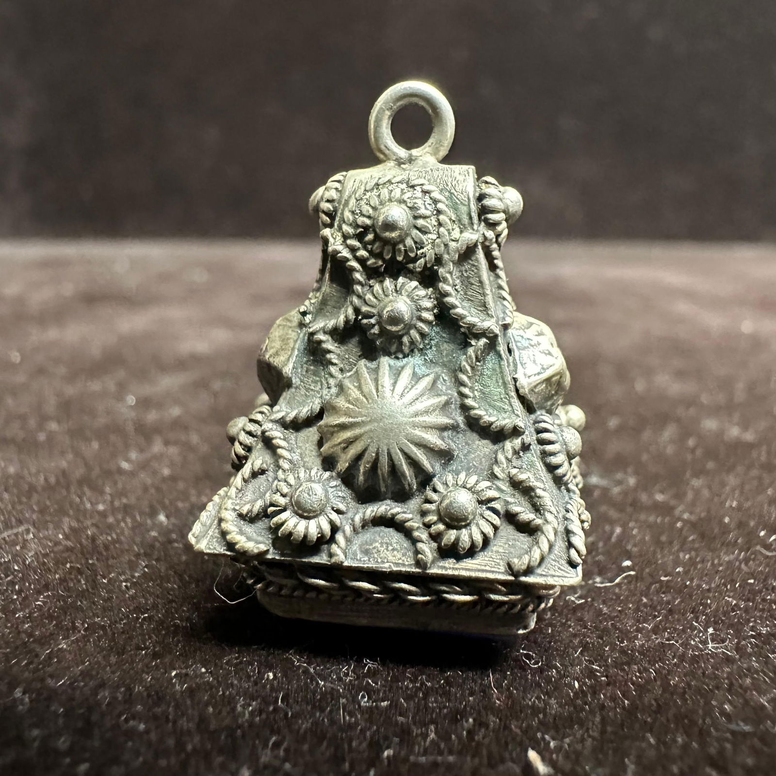 Victorian Etruscan Style Blue Accent Silver Fob Charm T36: This item is in good pre-owned, previously used/displayed condition with noticeable light wear and surface scratches. Please reference all photos for full details. This piece of jewelry has been