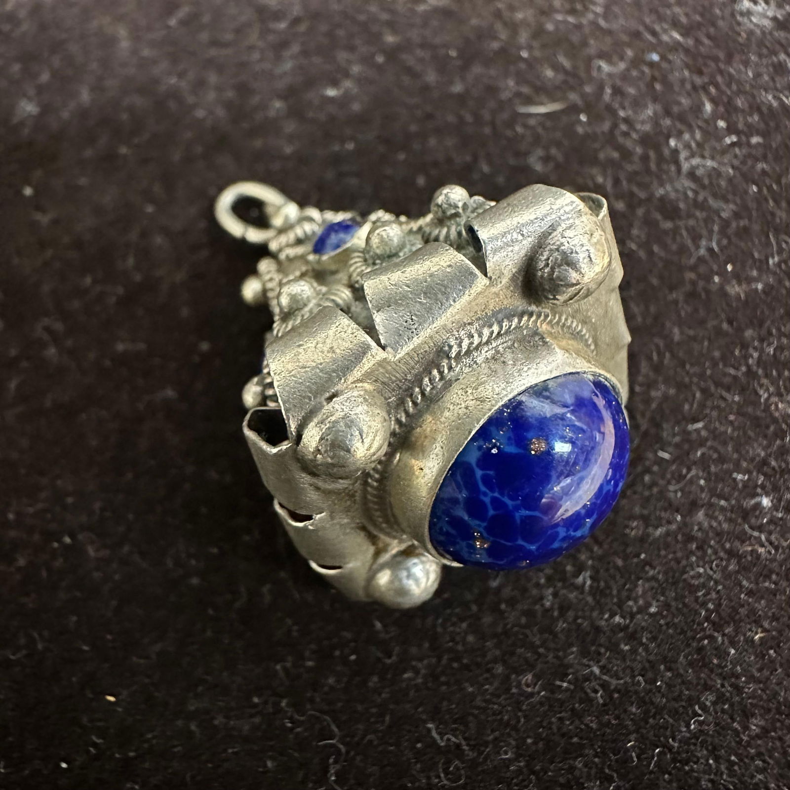 Blue Lapis Fob Charm Silver Floral and Ribbon Motifs T9: This item is in good pre-owned, previously used/displayed condition with noticeable light wear and surface scratches. Please reference all photos for full details. This piece of jewelry has been teste