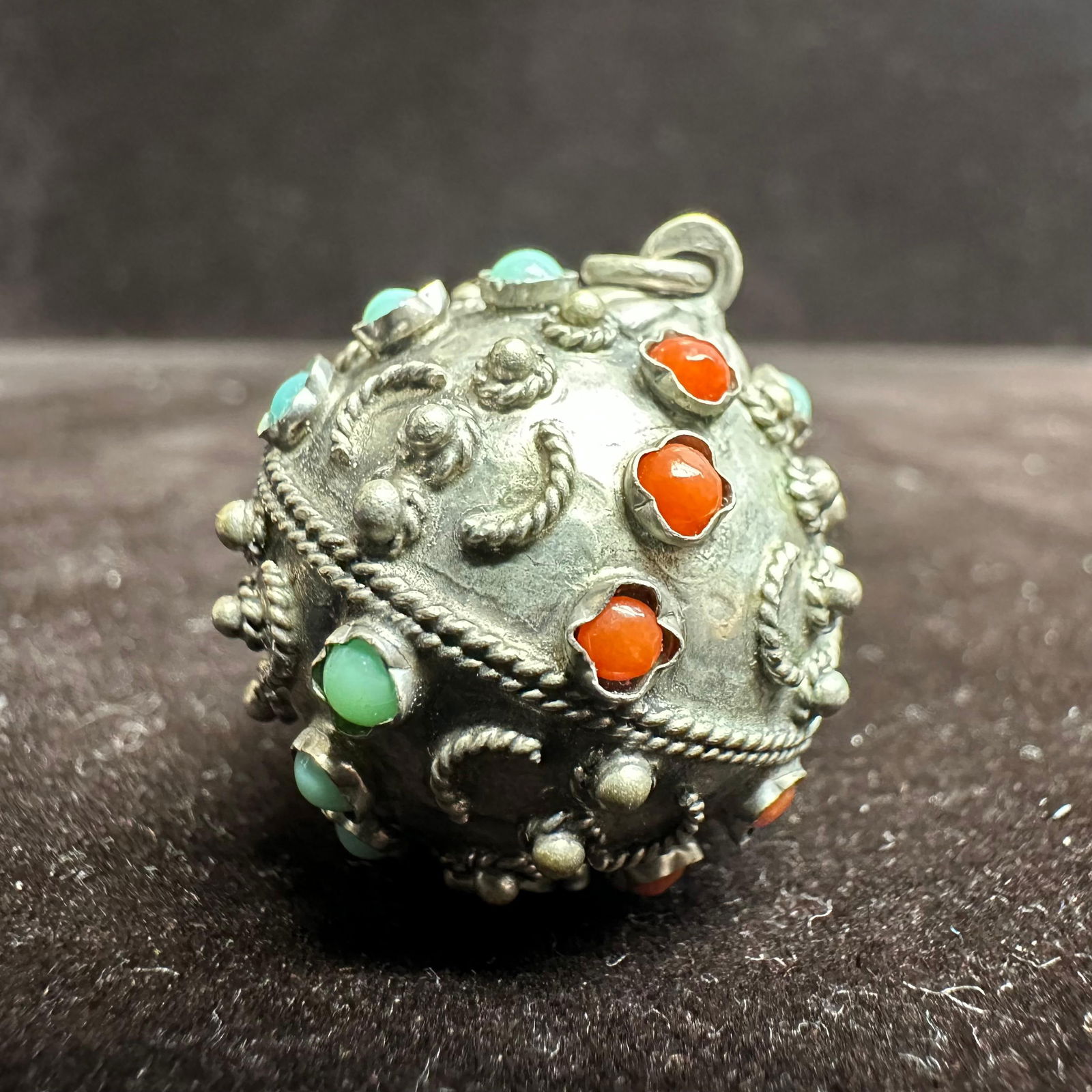 Victorian Etruscan Style Coral and Turquoise 800 Silver Sphere Fob Charm T30: This item is in good pre-owned, previously used/displayed condition with noticeable light wear and surface scratches. Please reference all photos for full details. This piece of jewelry has been teste