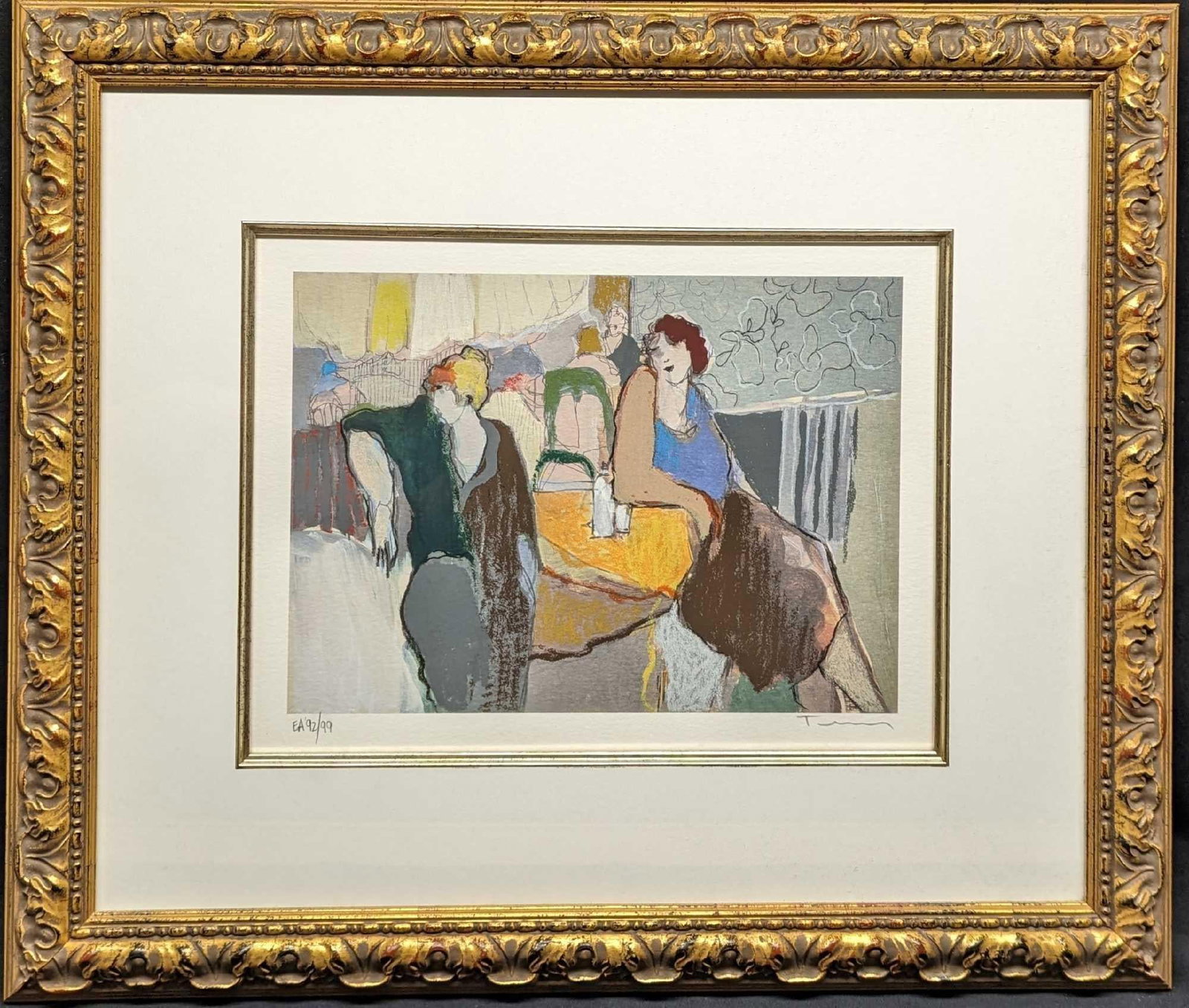 Itzchak Tarkay "Casual Dining" S&N EA Litho Print: Itzchak Tarkay "Casual Dining" S&N EA Litho Print This is approx 24" x 1 1/2" x 20 1/2" and it weighs 5.60lbs. The print/visible image is approx 14" x 10".The frame has some light wear. This is EA #92