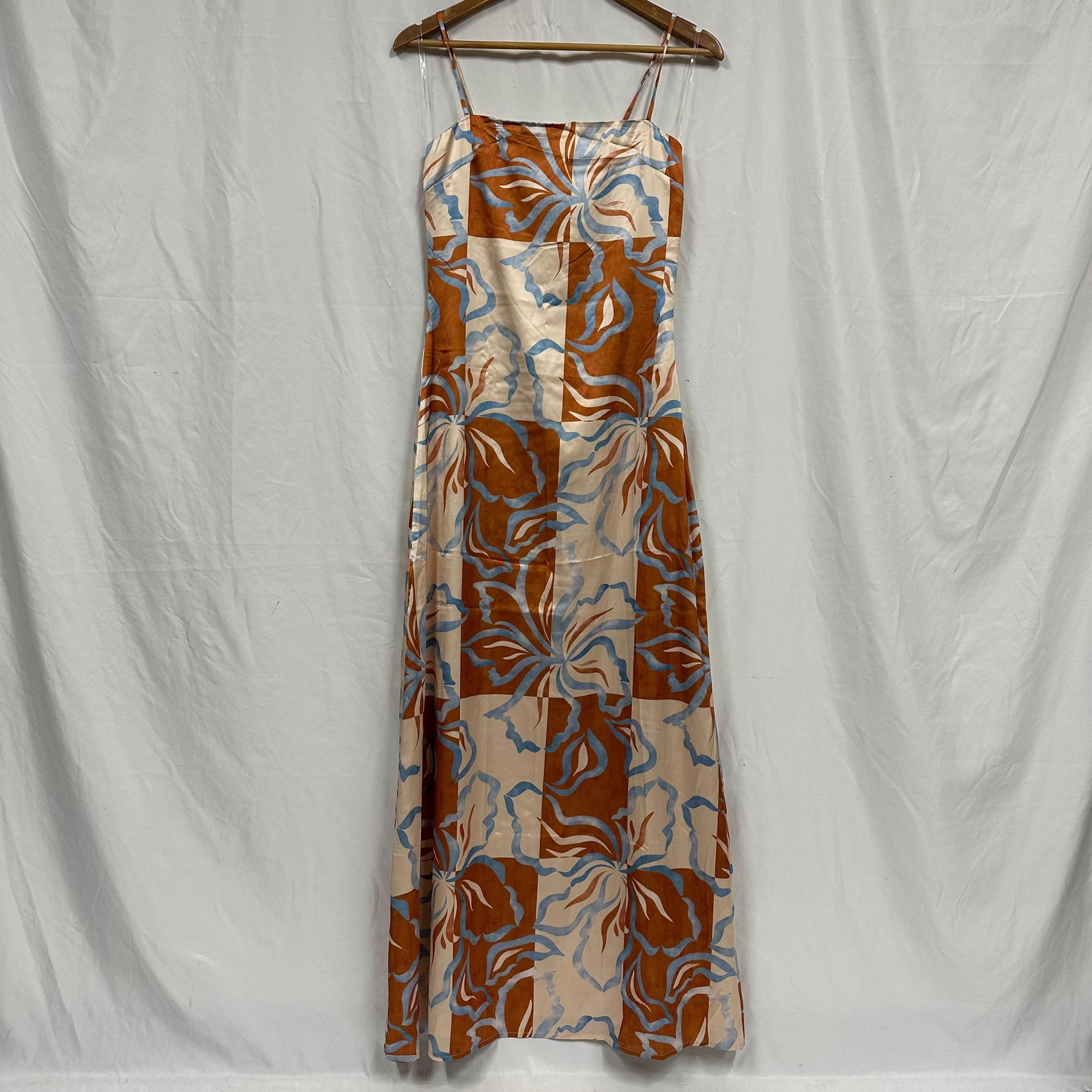 Peppermayo Sleeveless Orange Blue Floral Aster Bloom Maxi Dress Size 4 Small: Peppermayo sleeveless maxi dress featuring an allover floral print in warm brown, tan, and blue tones. Spaghetti straps with a straight neckline. Lightweight, silky fabric with a soft drape. Fully