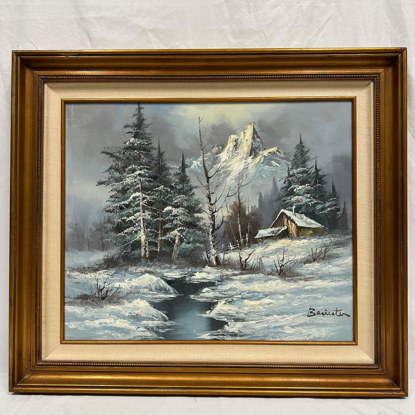 Oil on Canvas Winter Mountain Cabin Landscape Signed (1 of 8)
