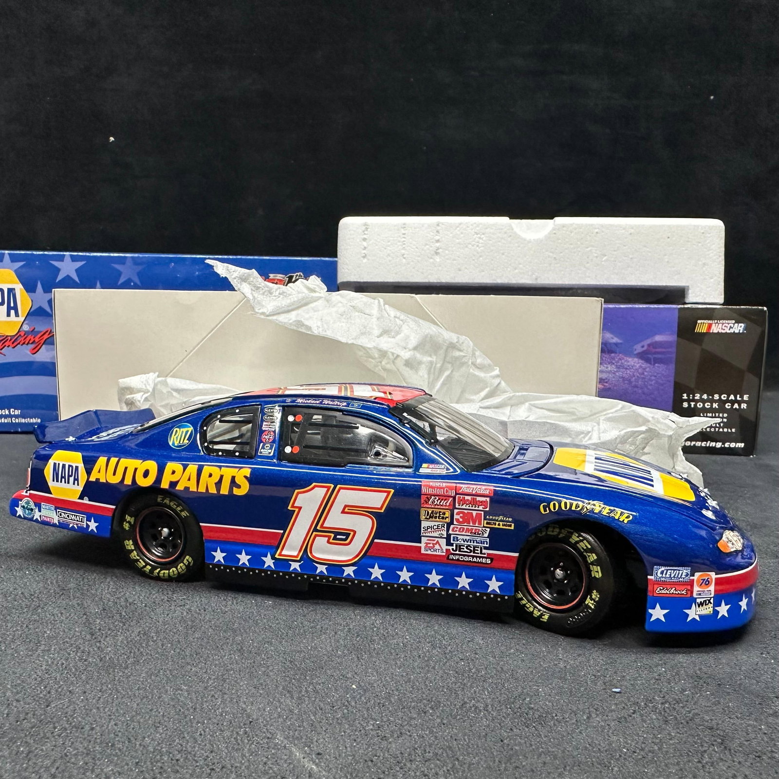 Michael Waltrip NAPA Racing 15 Monte Carlo 1:24 Scale Diecast Stock Car: 1:24 scale NASCAR diecast stock car featuring the #15 NAPA Racing Chevrolet Monte Carlo driven by Michael Waltrip. Produced by Action Racing Collectibles for the 2002 season. This item is in